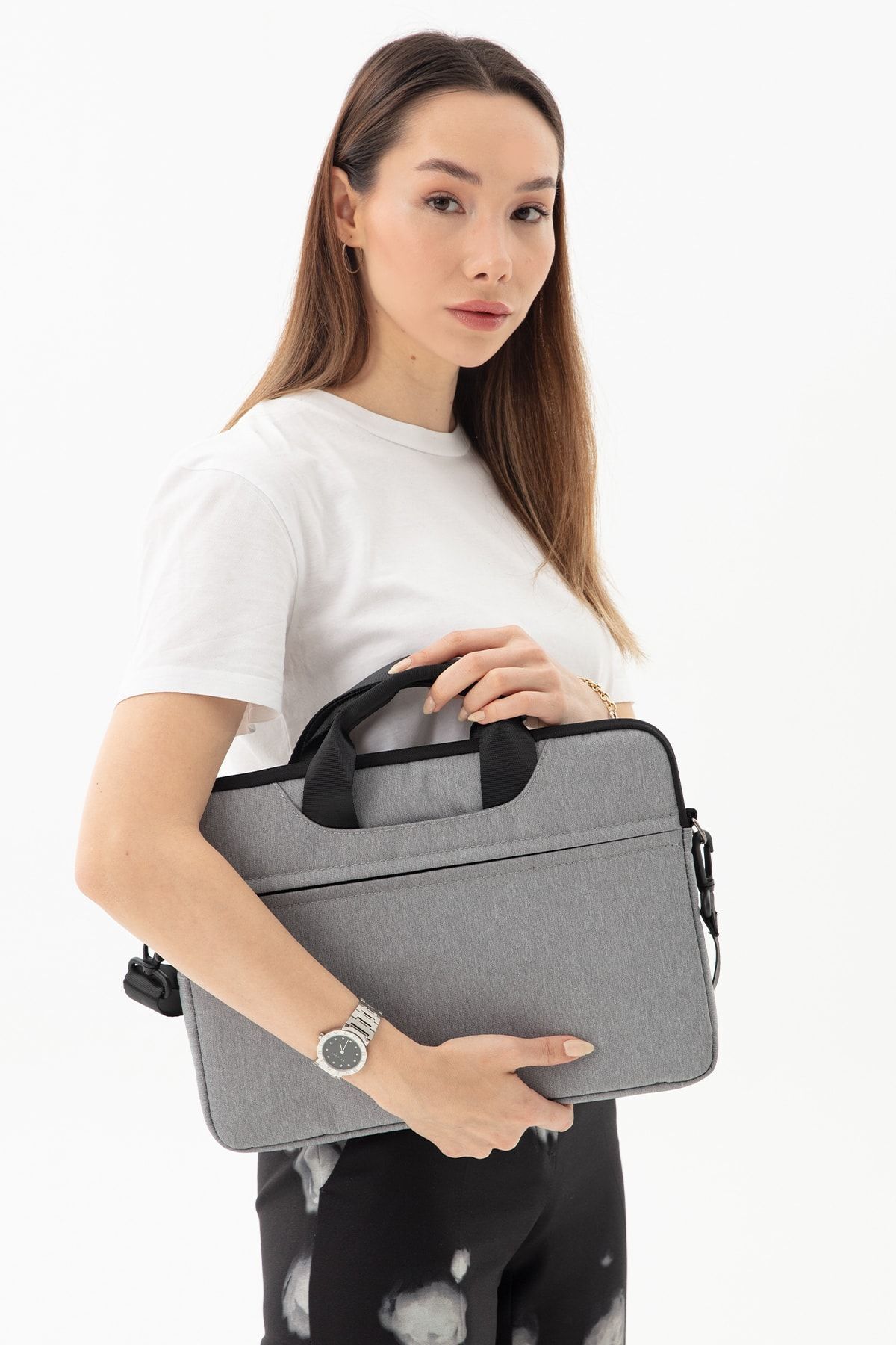 13” & 14”inç Su Geçirmez Kumaş mussen Laptop & Evrak Çantası - Açık Gri