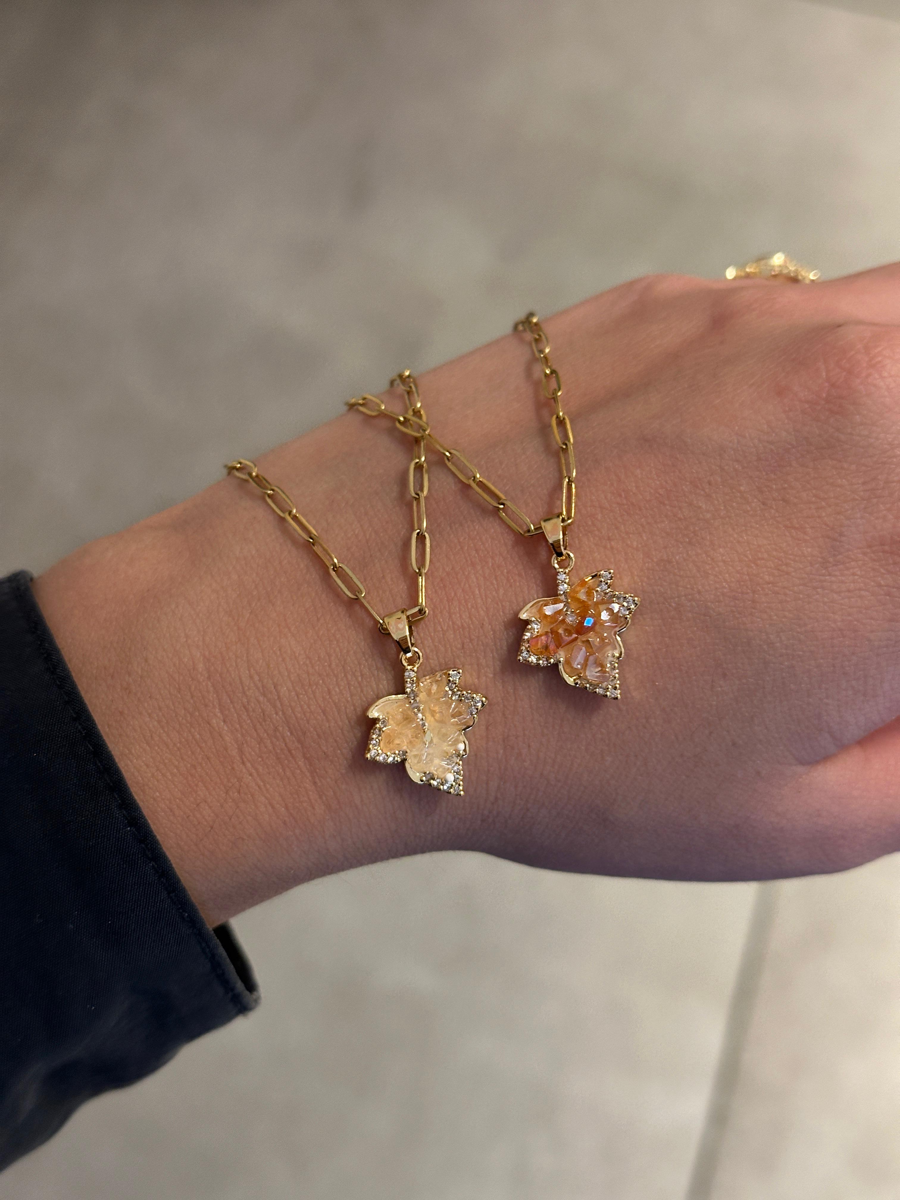 Çelik Çınar Yaprağı Doğaltaş ve Zirkon Kolye