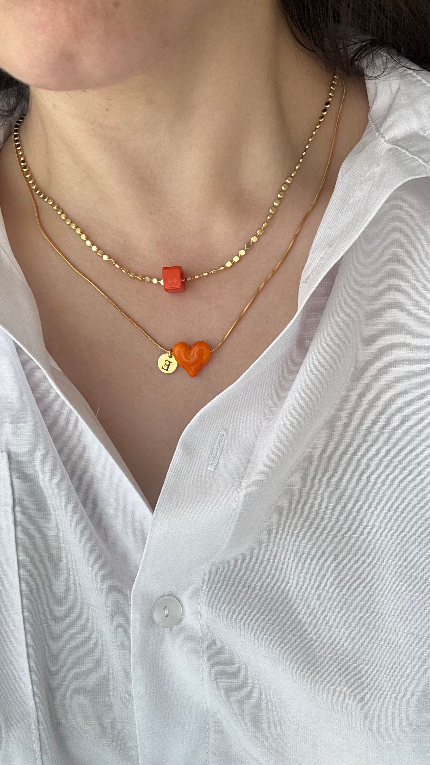 Çelik Murano Kalp Kolye ve Boncuk Kolye Set