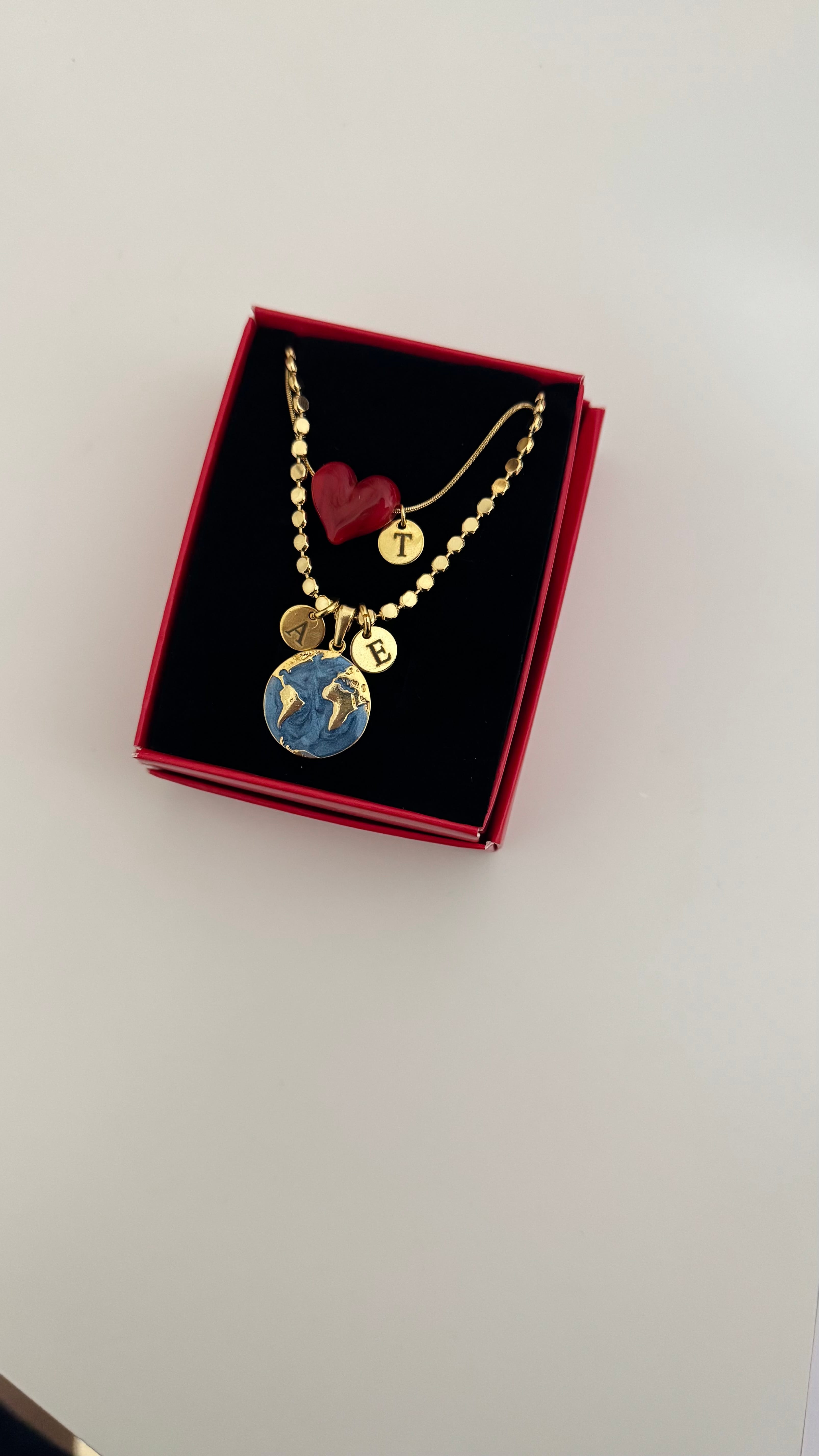 Pul Zincirli Dünya Kolye ve Kalp Set Gold Tüm Renkler