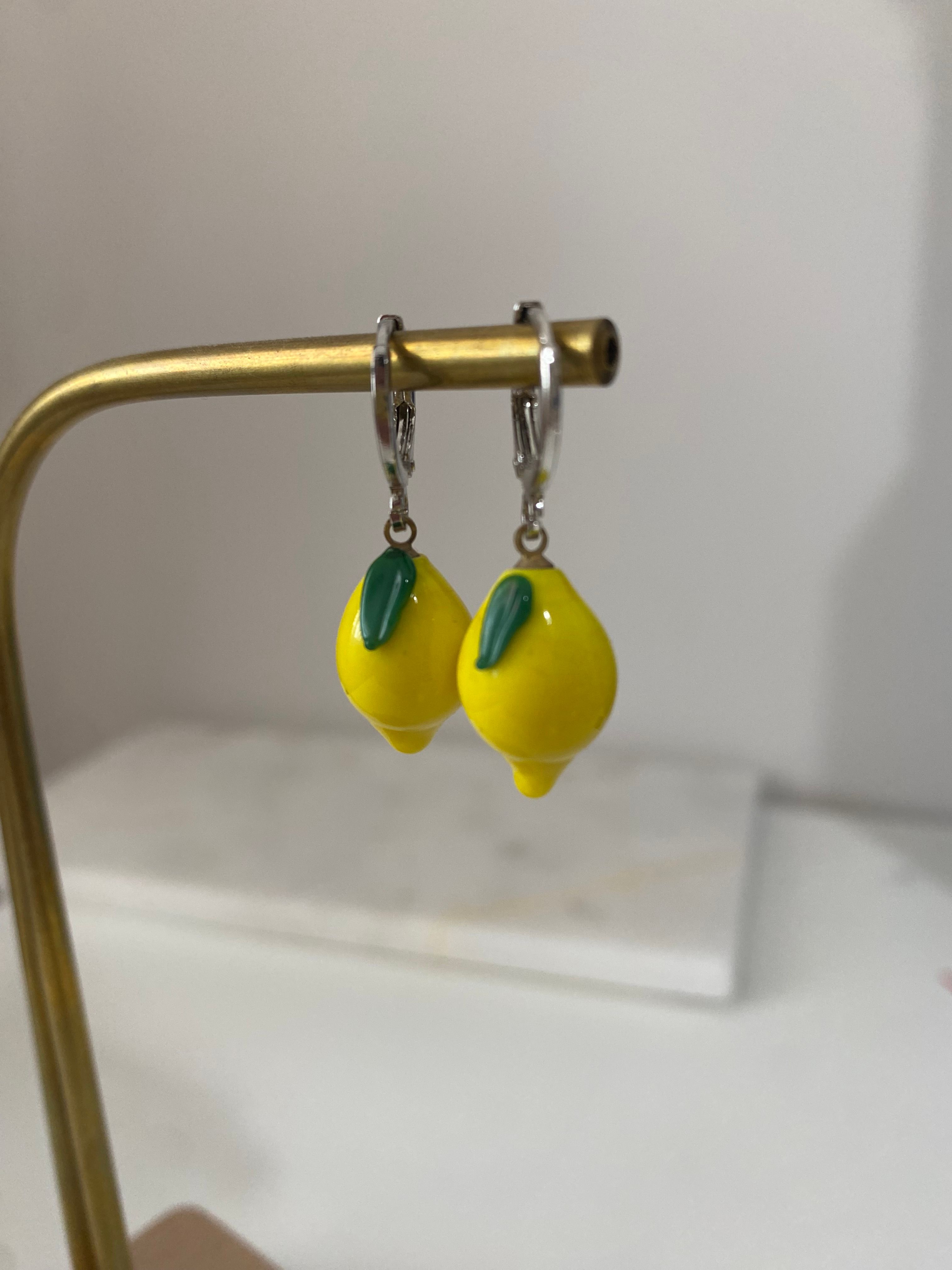 Murano Limon Gümüş Renk Halkalı Küpe