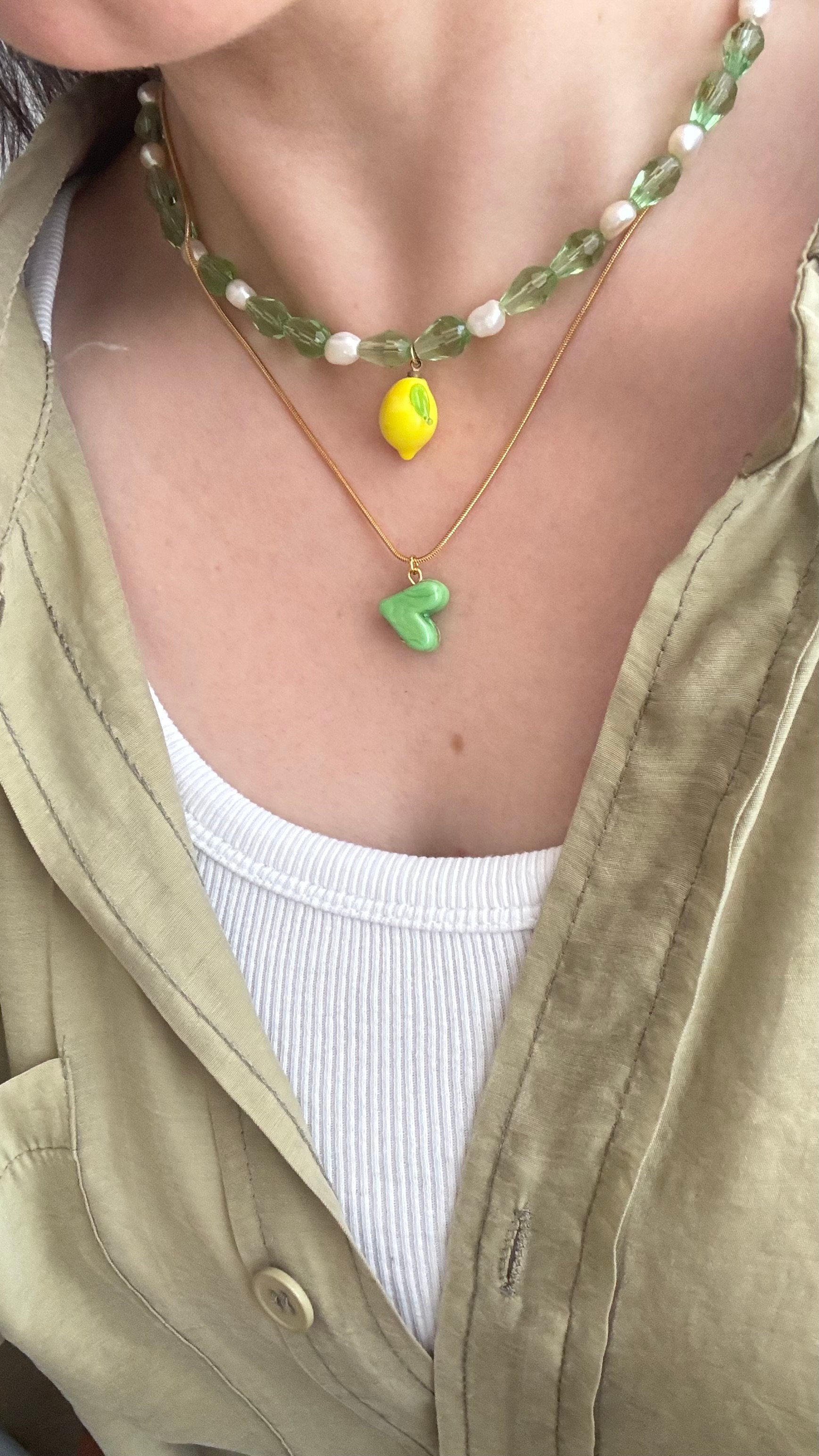 Çelik Doğal İncili Limon ve Yeşil Kalp Set 
