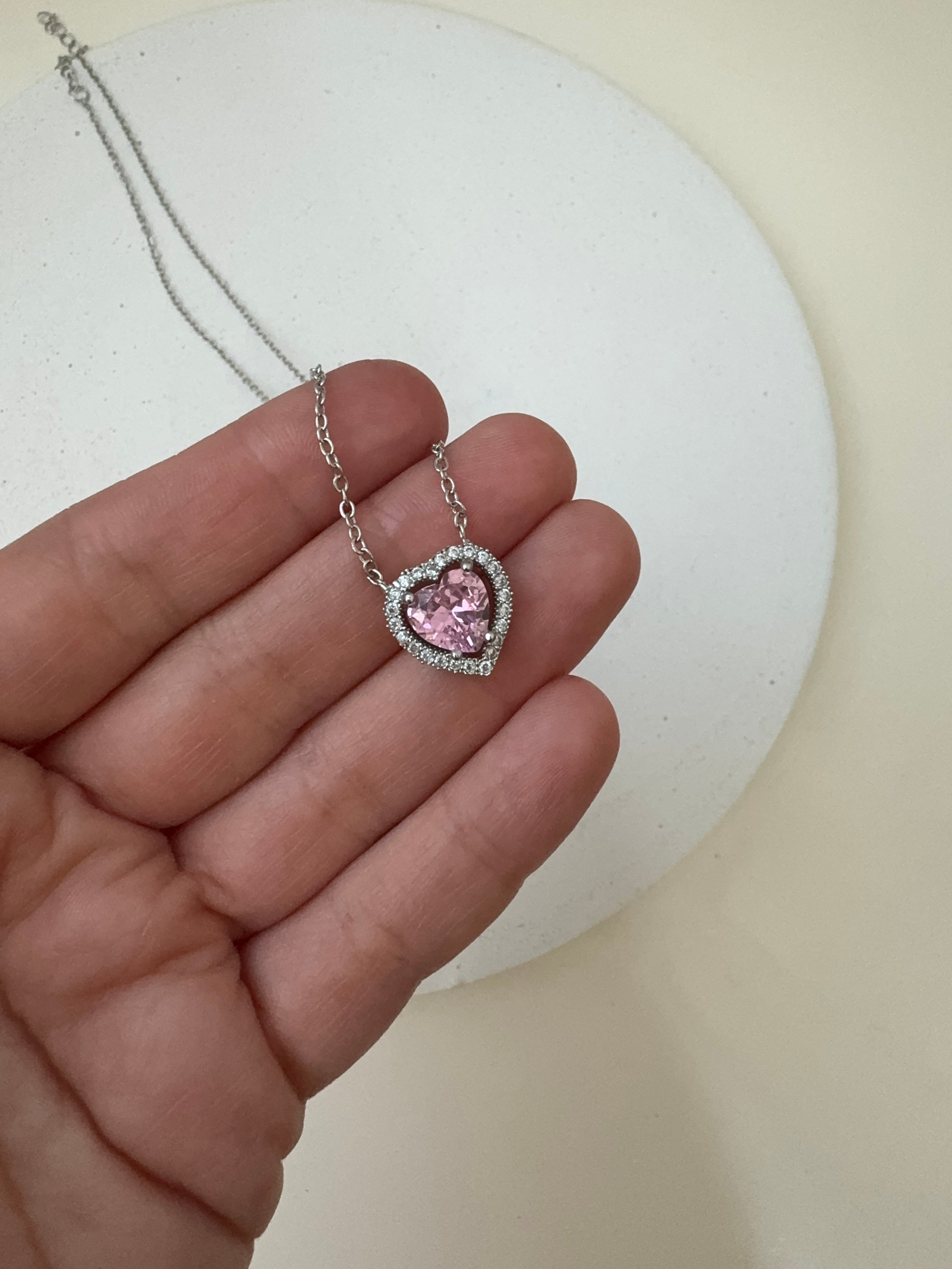 Gümüş Renk Zirkon Taşlı Swarovski Pembe Kalp Kolye