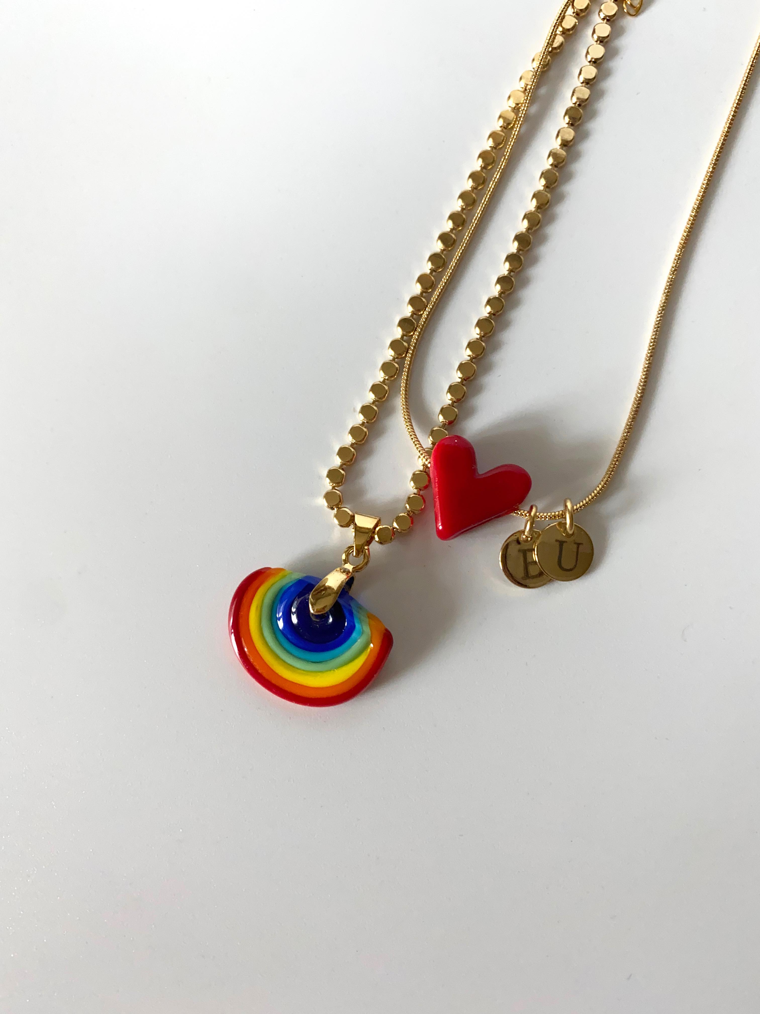 Pul Zincirli Gökkuşağı Murano Ve Kalp Set