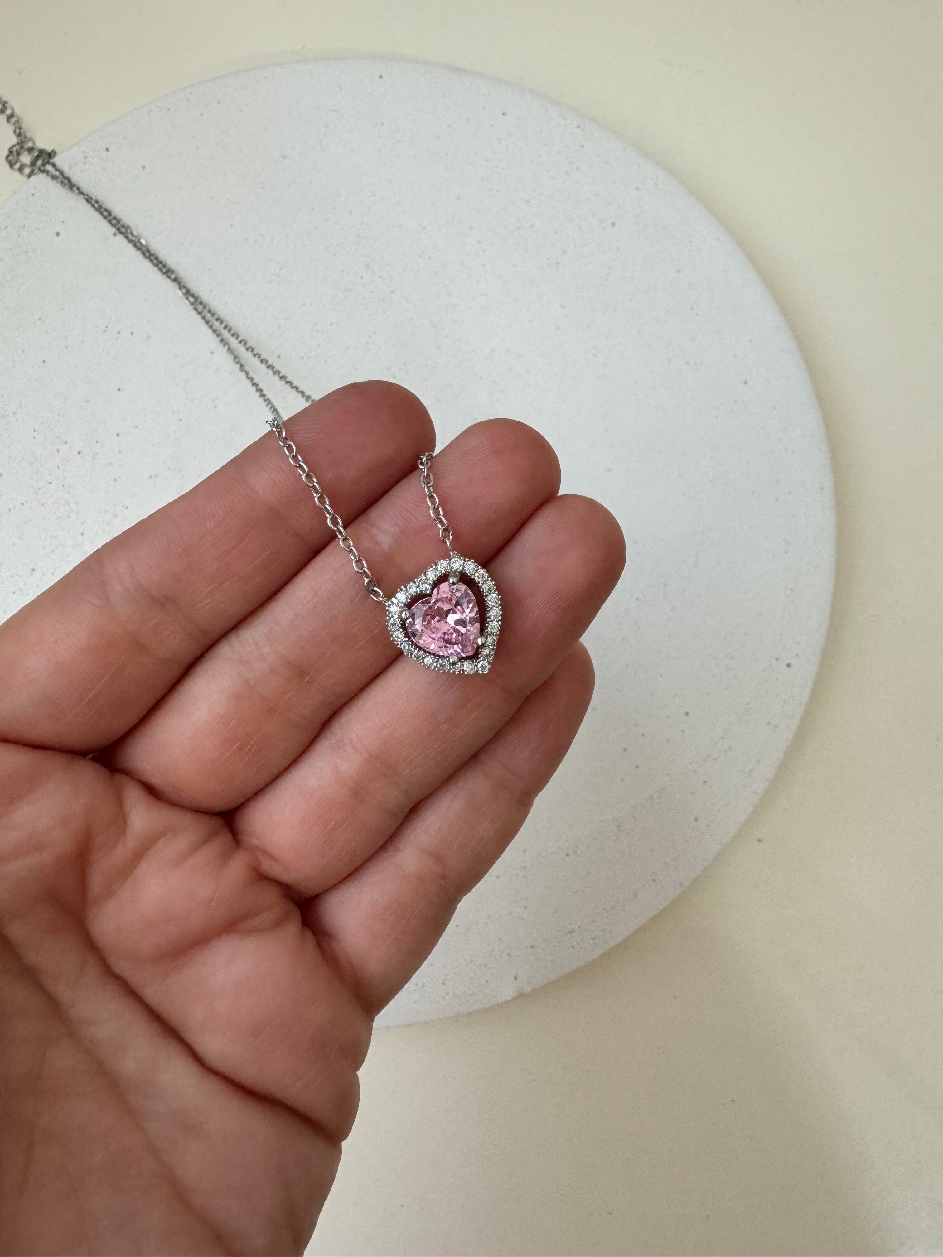 Gümüş Renk Zirkon Taşlı Swarovski Pembe Kalp Kolye