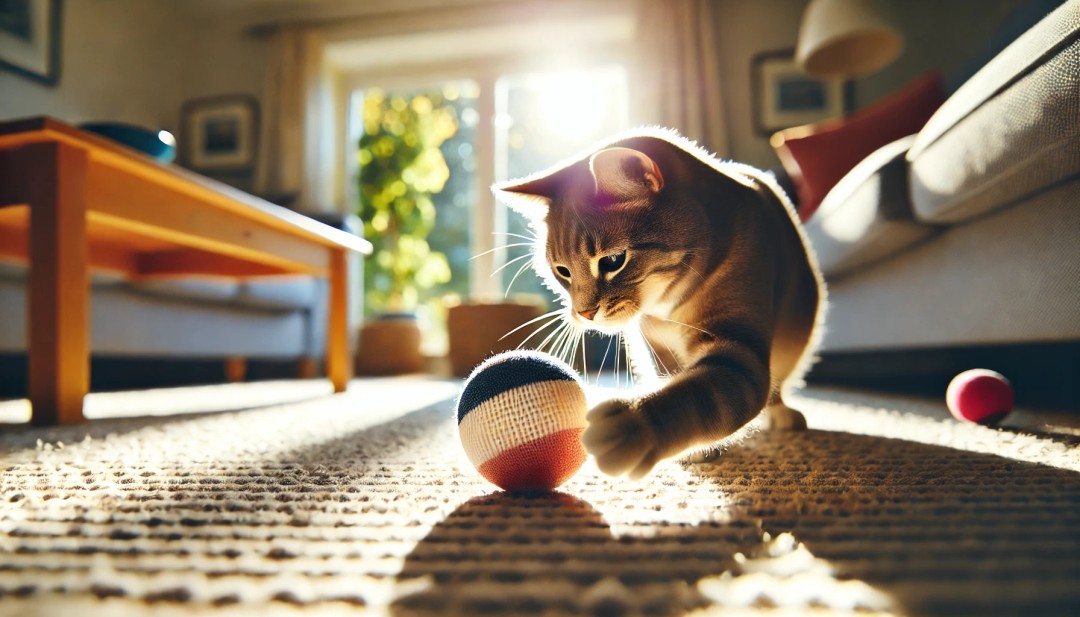 Güneşli bir odada top ile oynayan bir kedi, kedilerin enerjisini harcamalarına yardımcı olan favori oyunlardan biri.