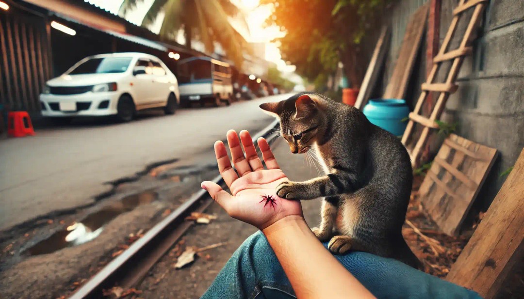 Sokakta oturan bir kişinin elini tırmalayan bir sokak kedisi, kedi tırmalamalarının risklerini gösteren doğal bir ortam.