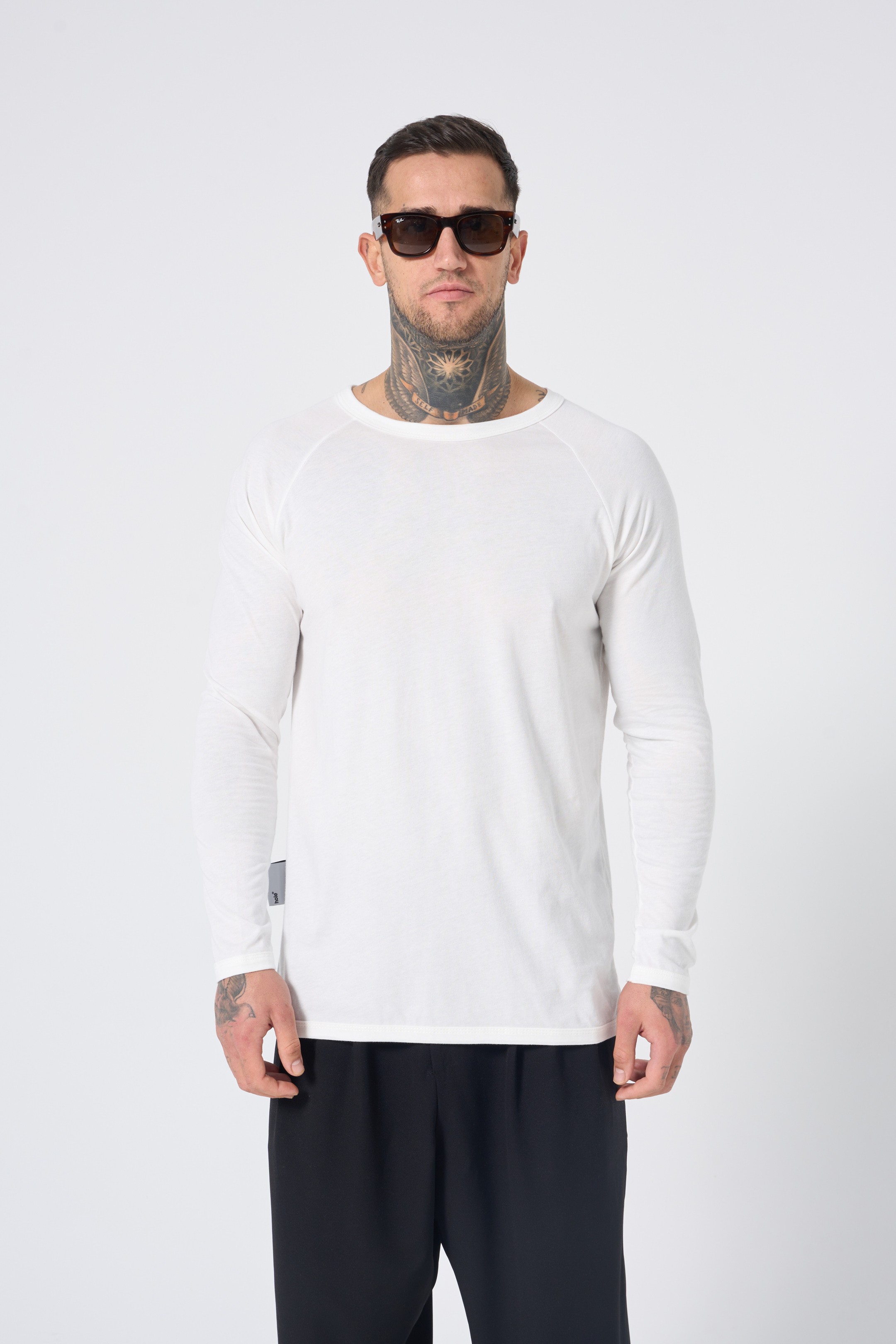 Hole Uzun Kol Basic T-Shirt - Beyaz