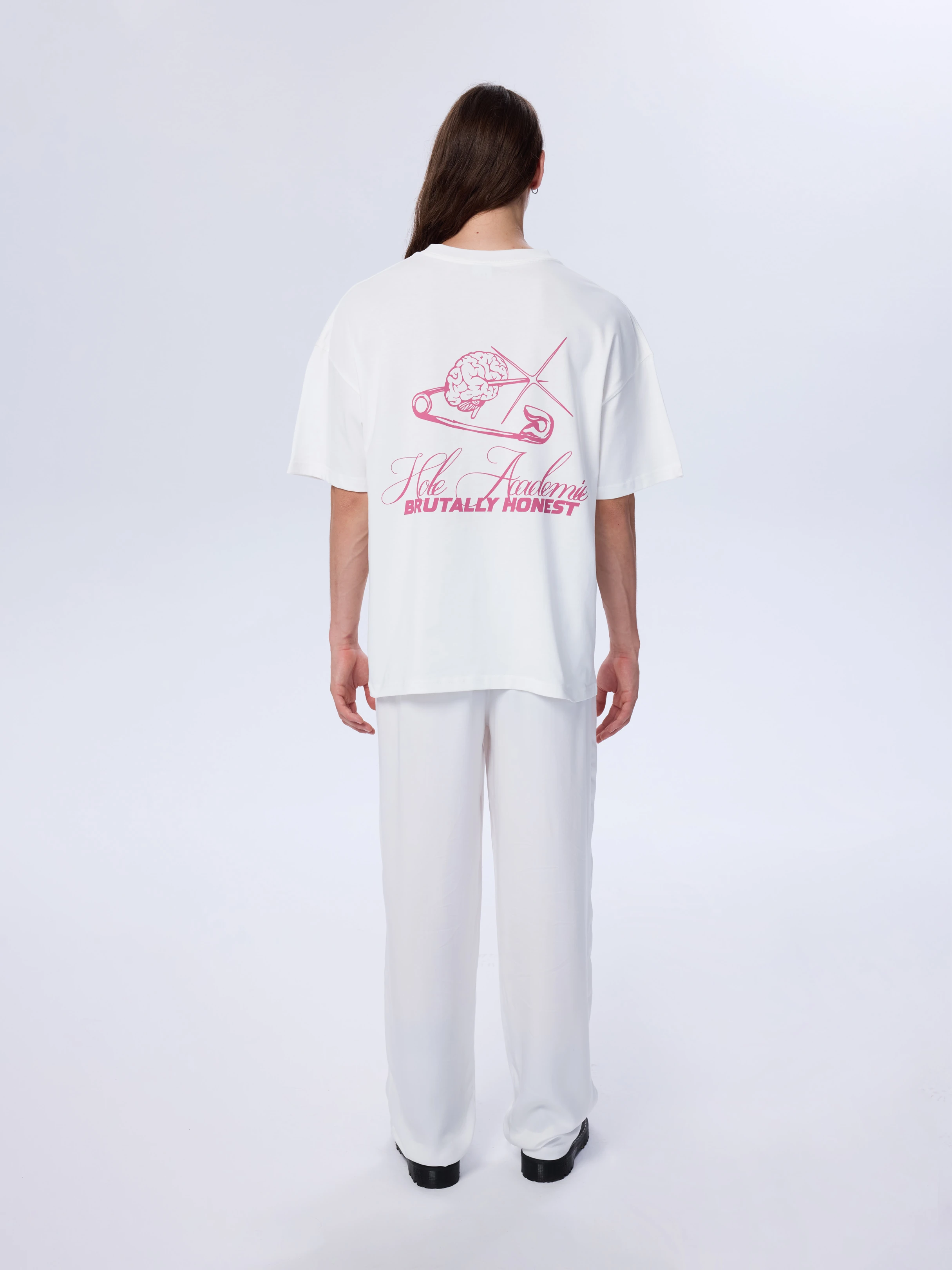 Hole İğne Baskı Oversize T-Shirt - Beyaz