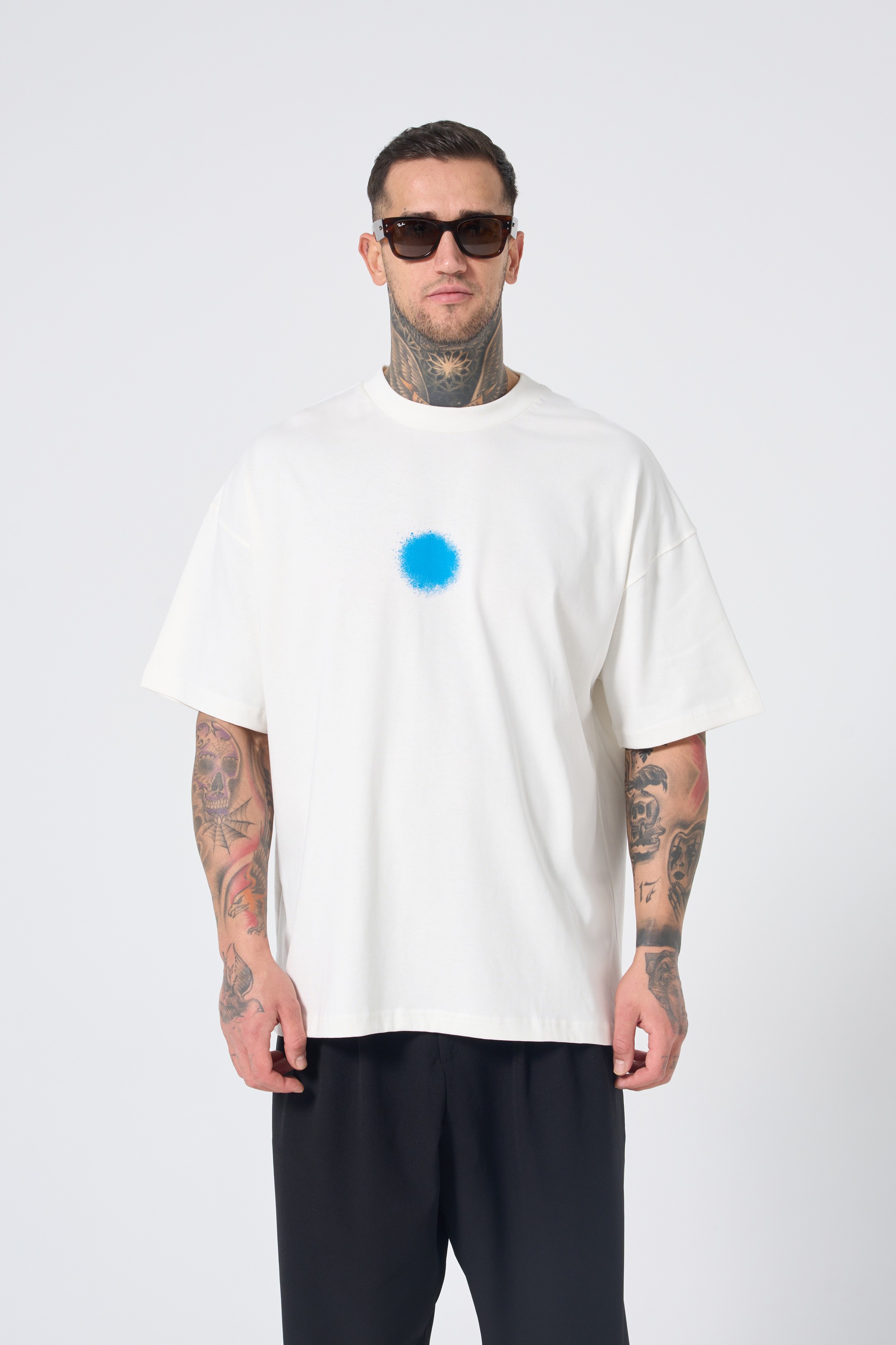 Hole Boya Baskı Oversize T-Shirt - Beyaz-Mavi