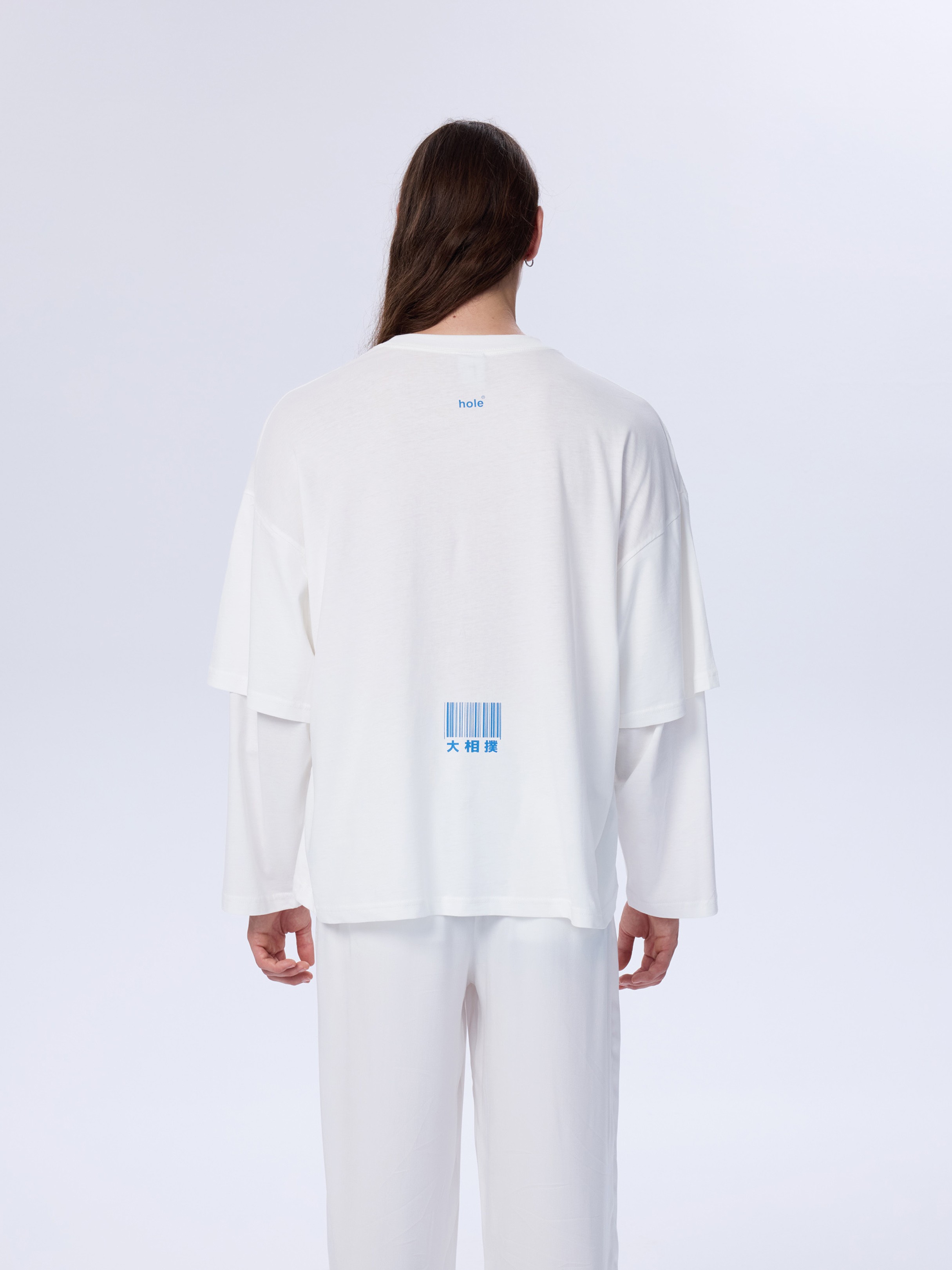 Hole Sweatshirt w/sumo barcode print - WHITE-BLUE