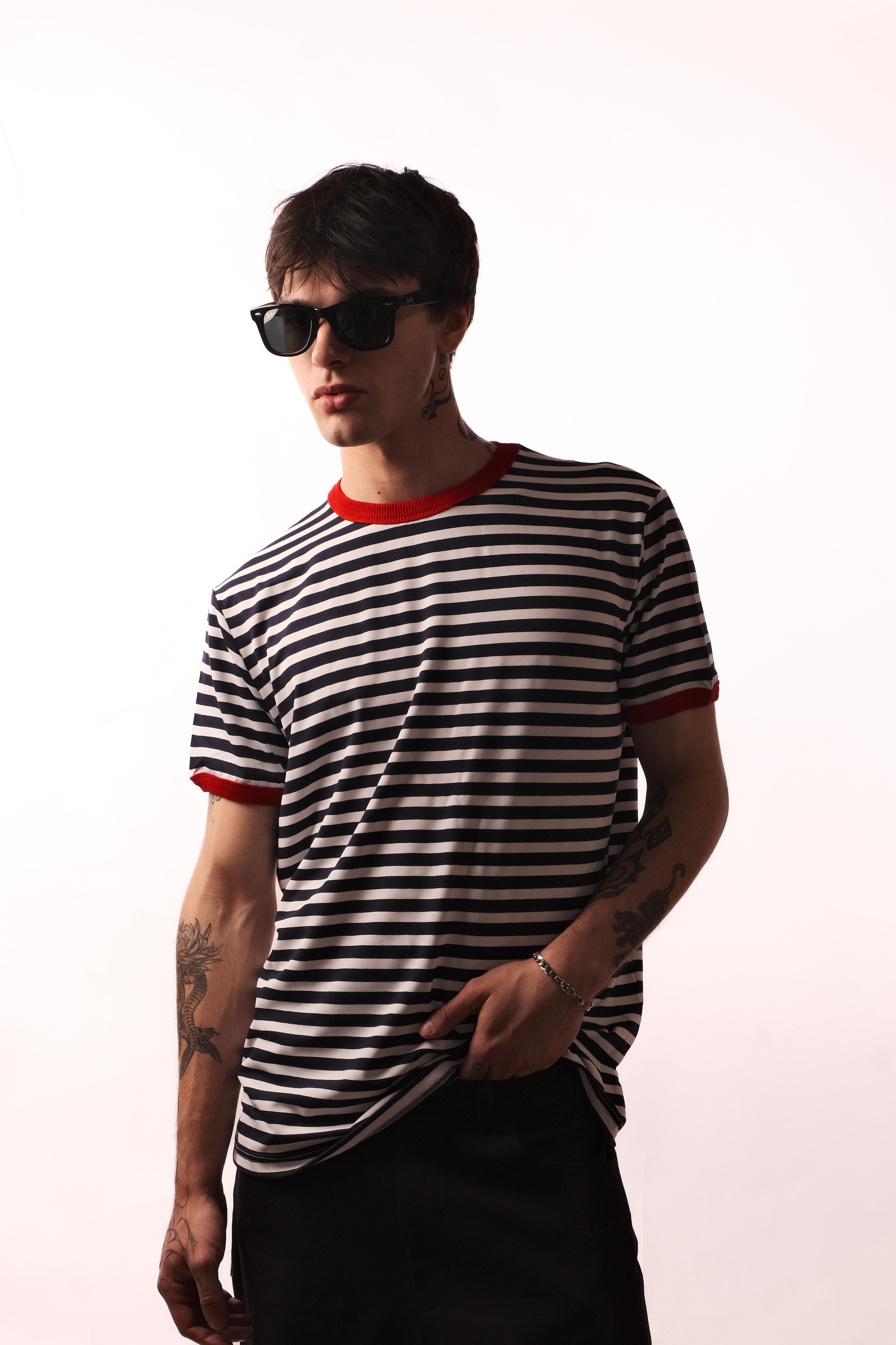 Hole Triko Çizgili T-shirt - ekru-lacivert