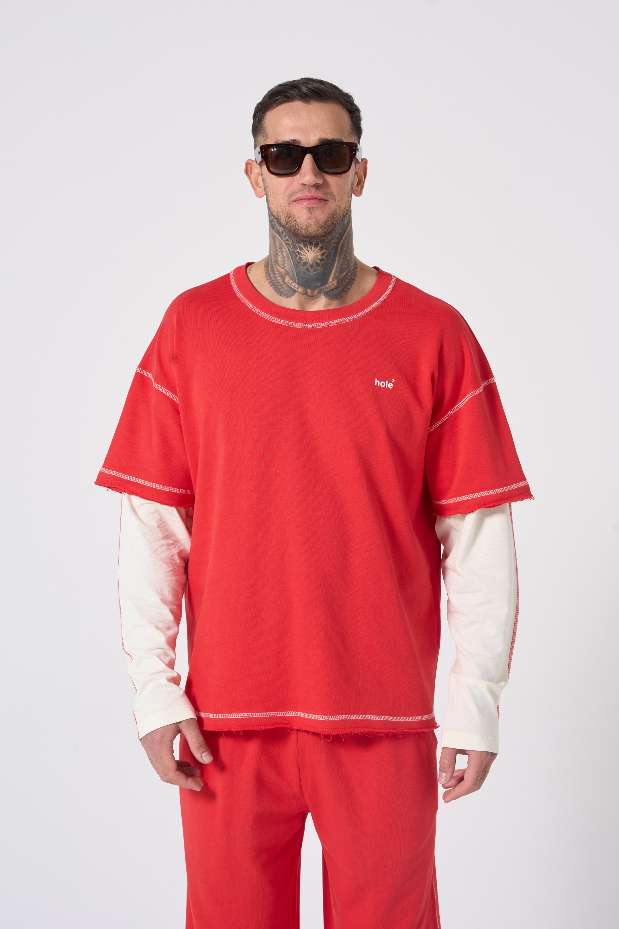 Hole Oversize Sweatshirt w/ flatlock stitch details - RED