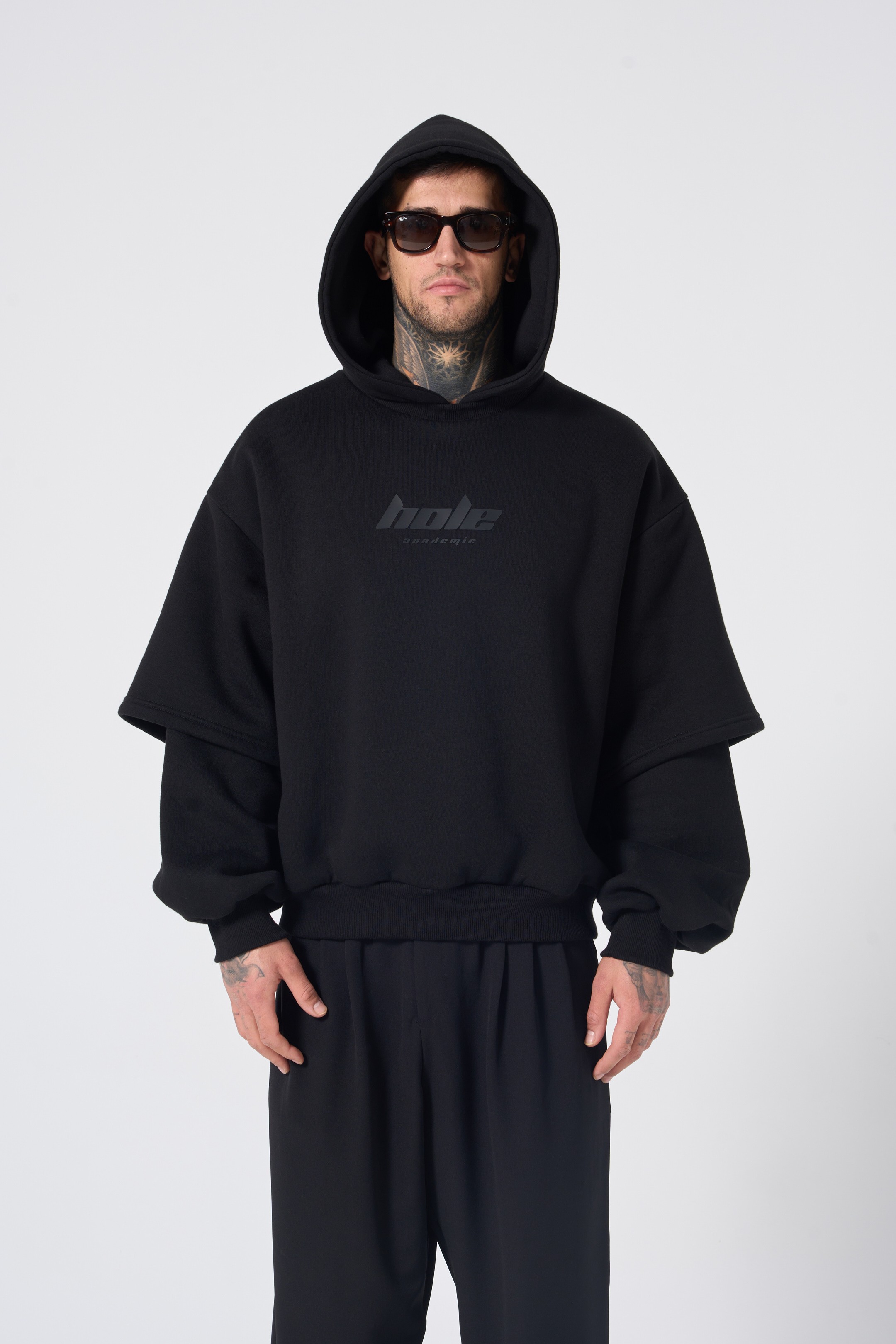 DOUBLE LAYERED HOODIE - BLACK