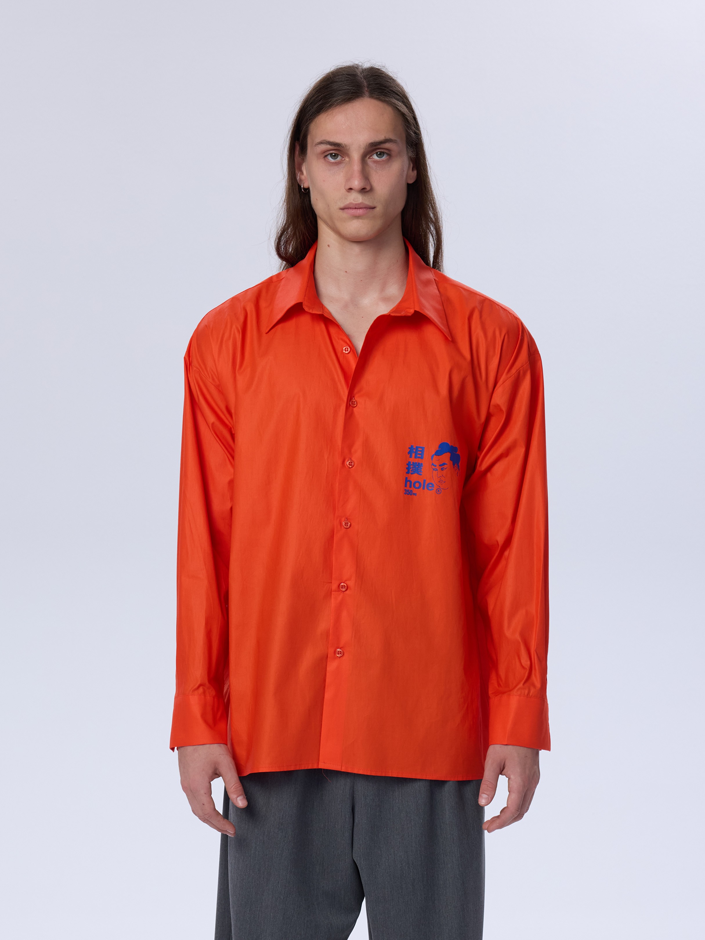 Hole Sumo Print Poplin Shirt - ORANGE