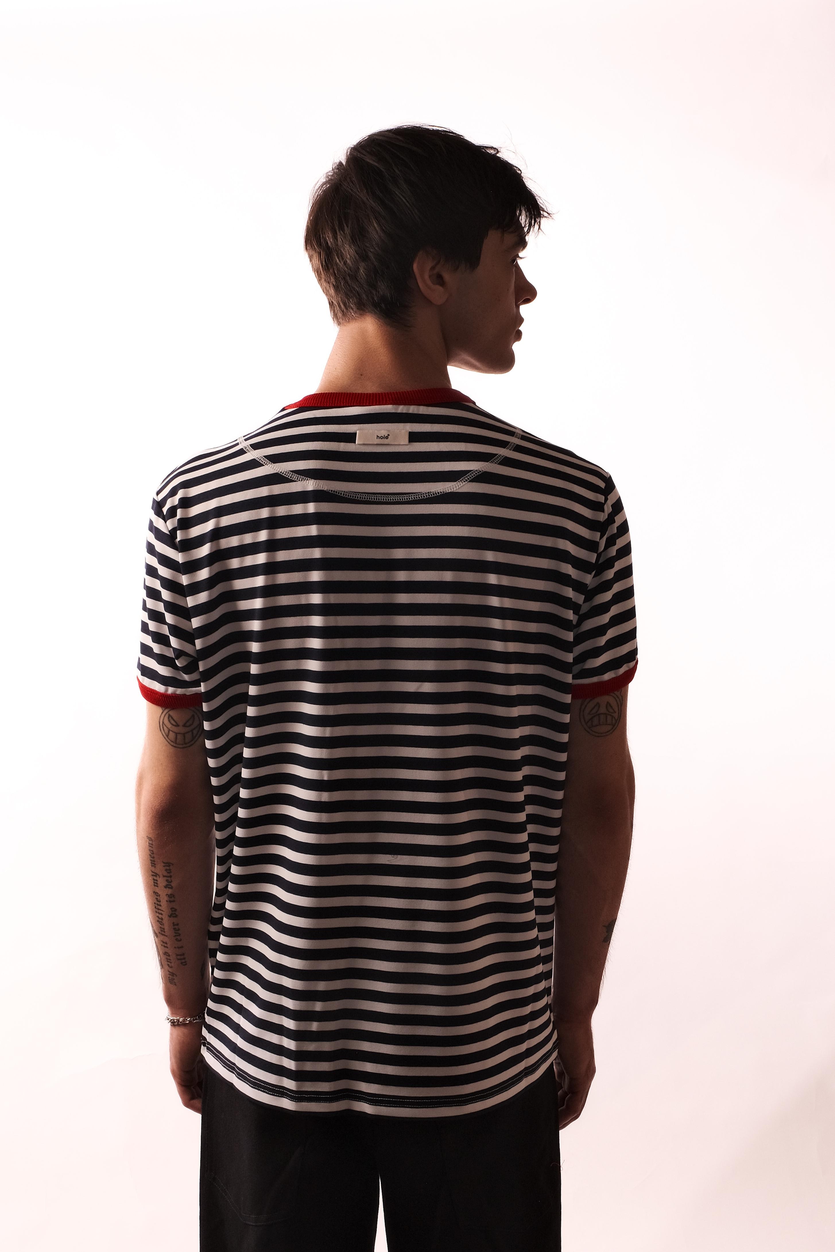 Hole Triko Çizgili T-shirt - ekru-lacivert