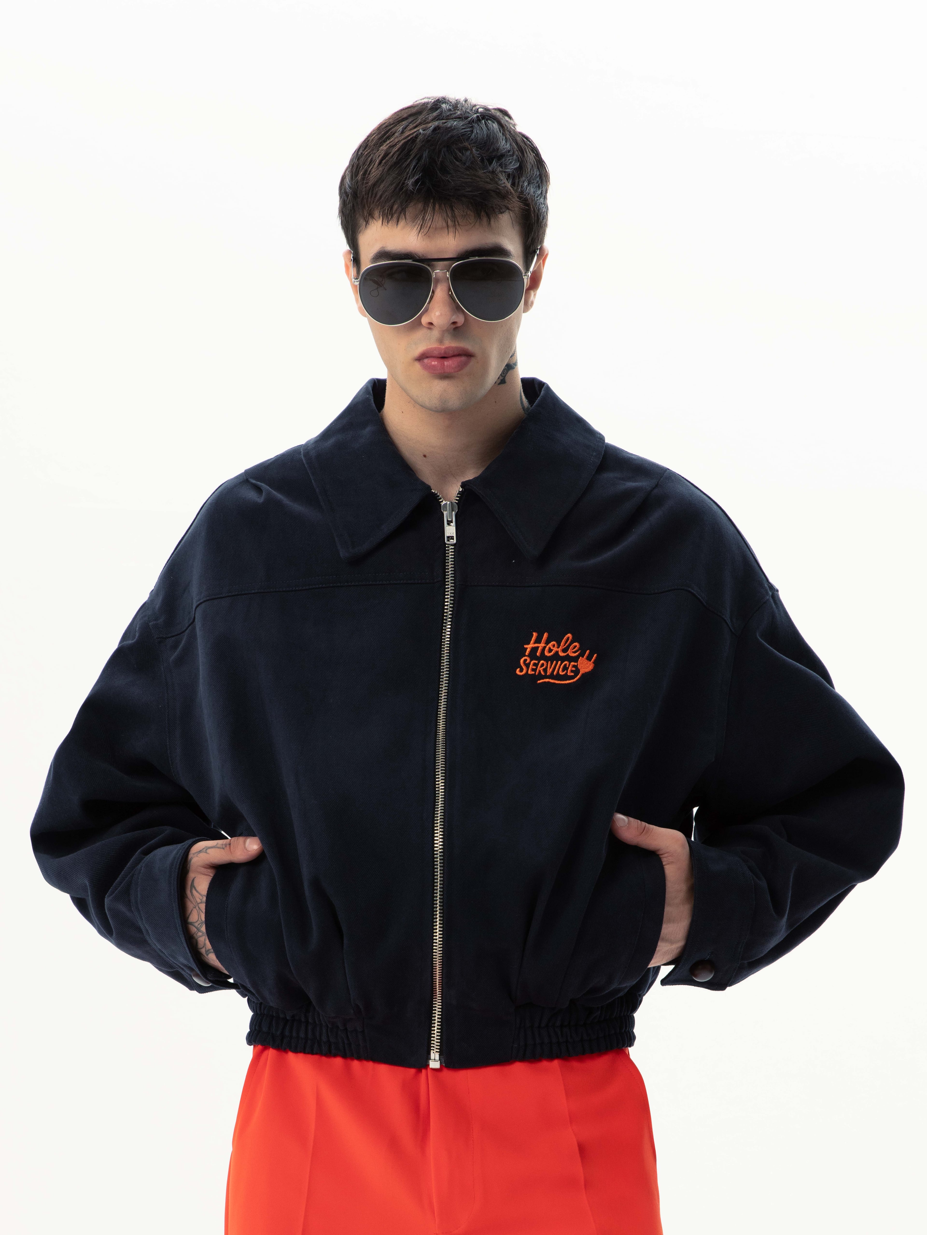 Hole Astar Baskılı Nakışlı Gabardin Bomber Ceket - Lacivert
