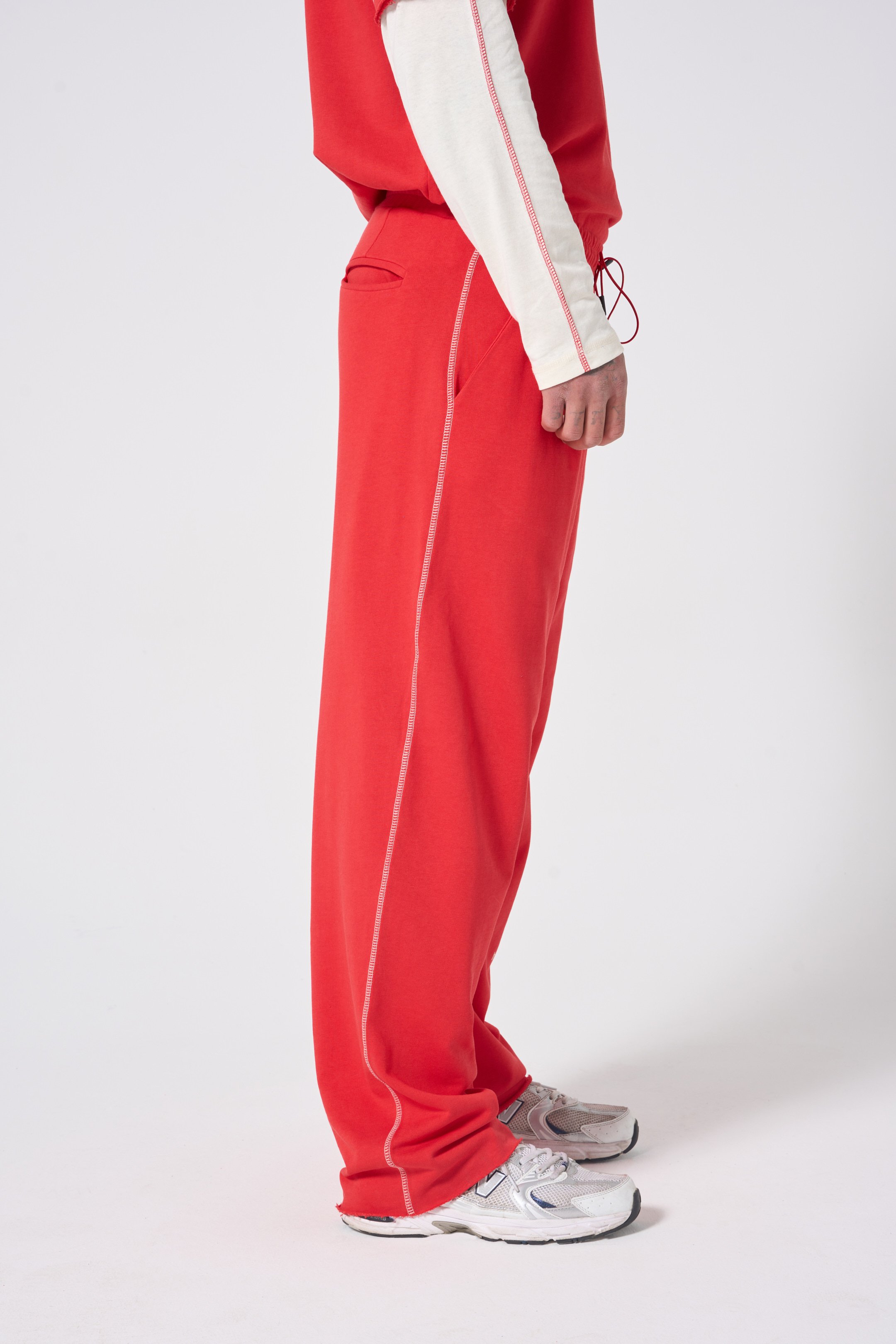 Hole Oversize Sweatpants w/ flatlock stitch details - RED