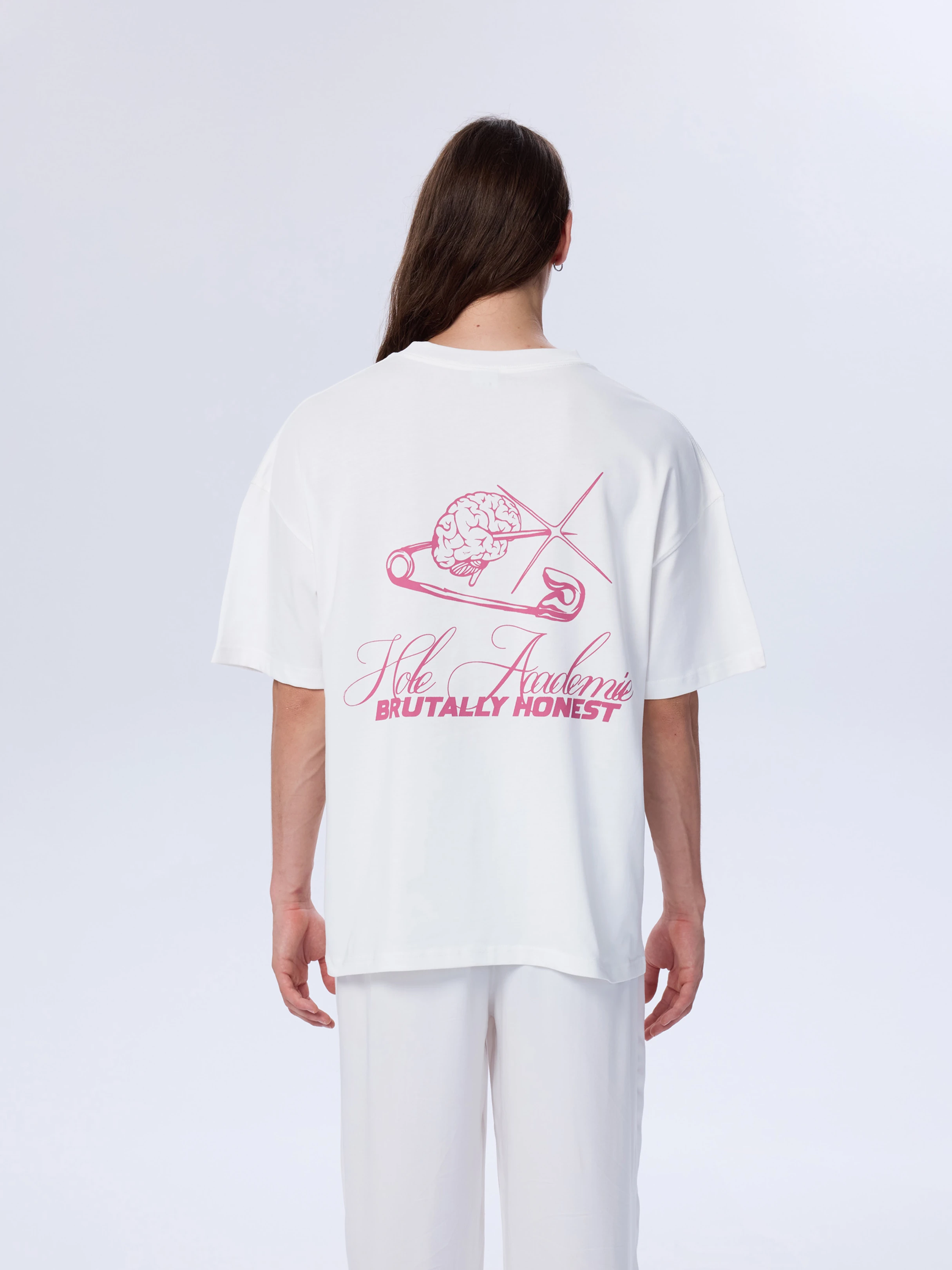 Hole İğne Baskı Oversize T-Shirt - Beyaz