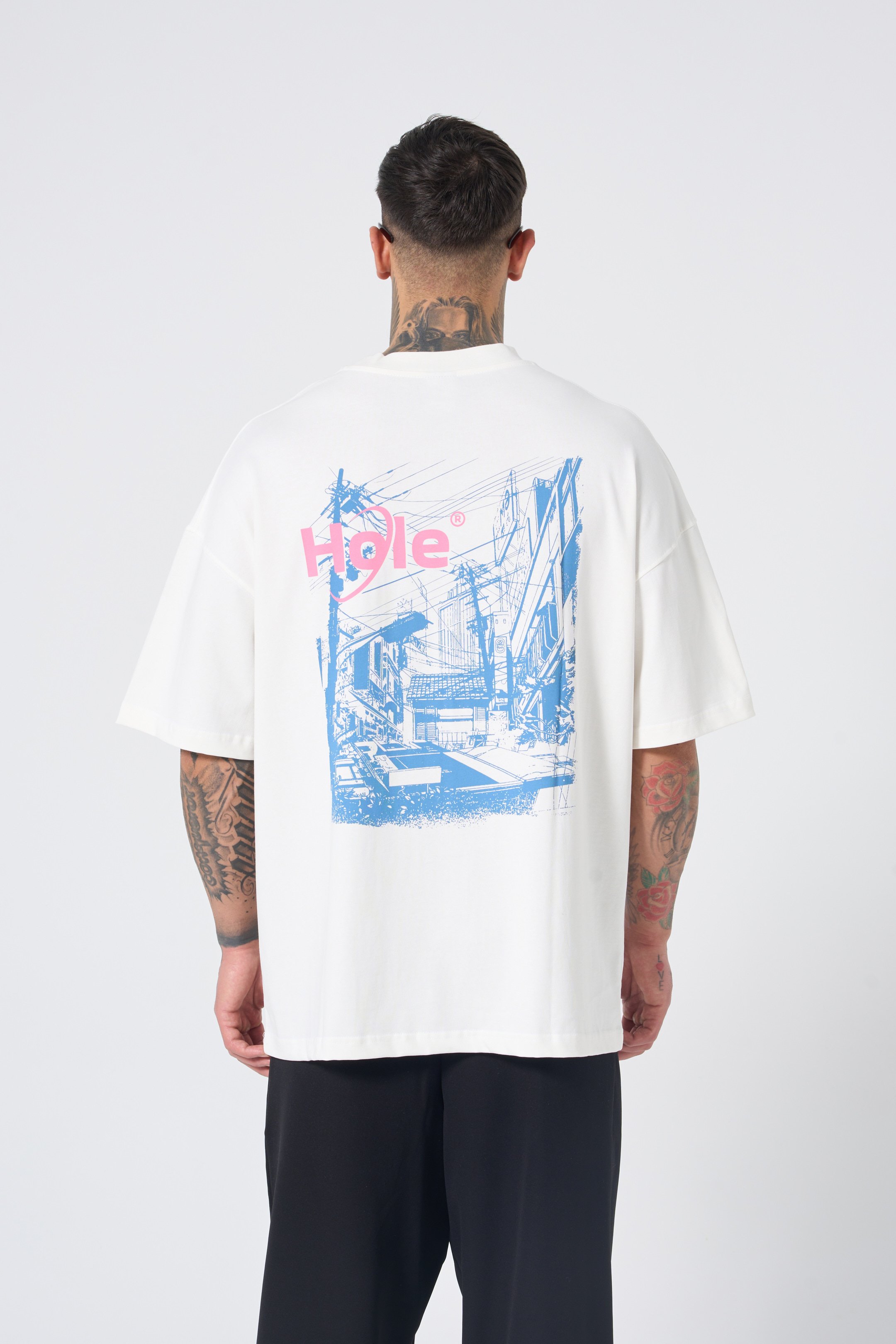 Hole Arka Sokak Baskılı Oversize T-Shirt - Beyaz