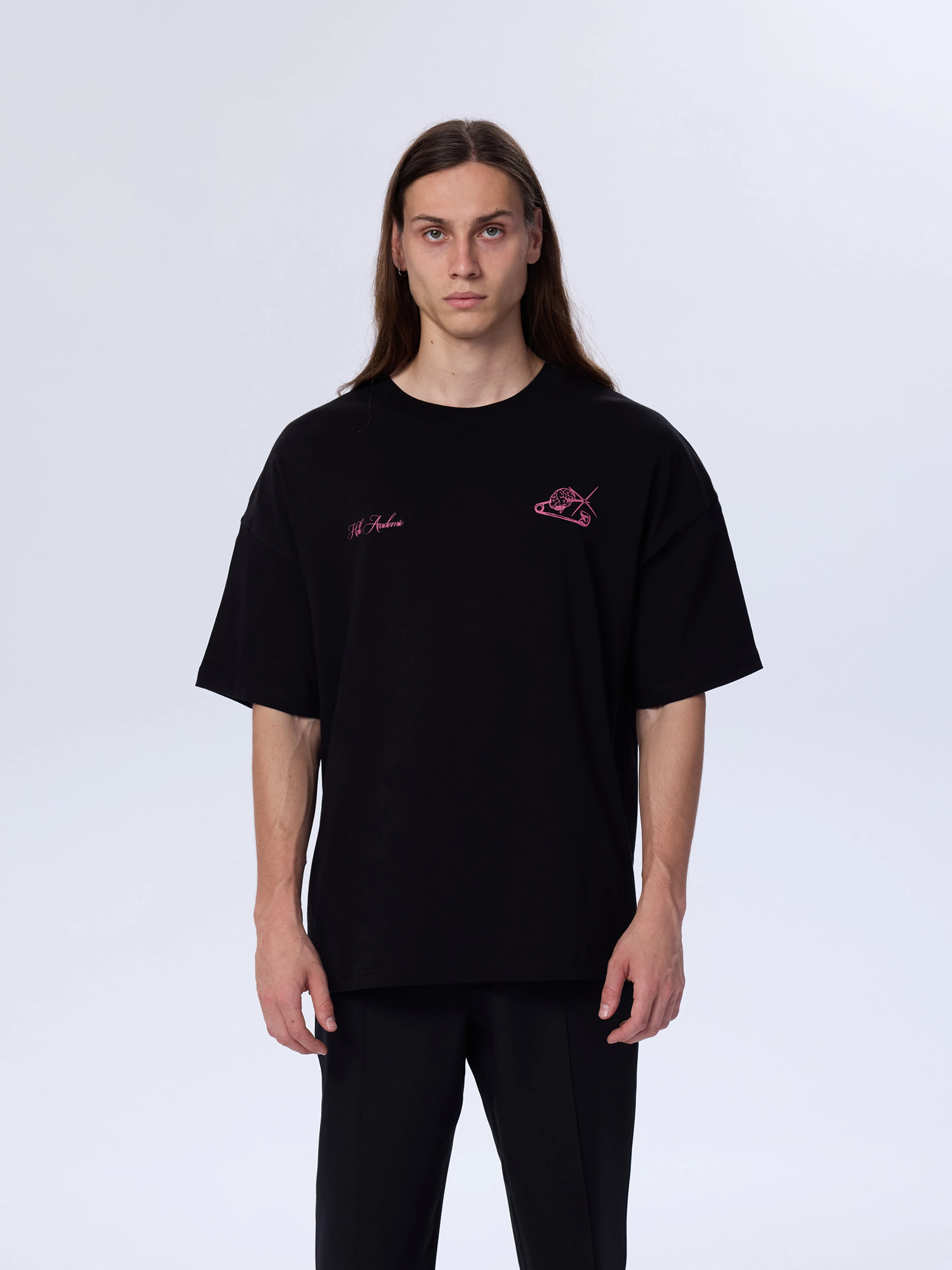 Hole İğne Baskı Oversize T-Shirt - Siyah