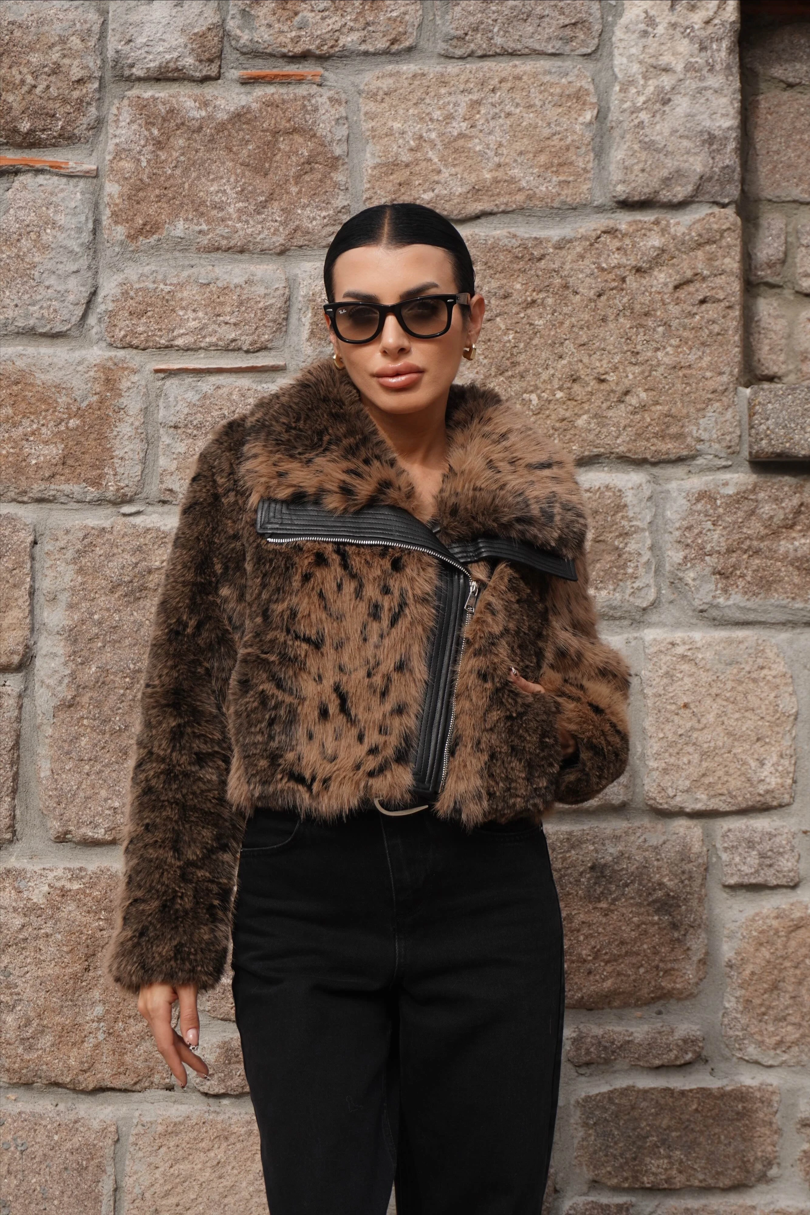 İthal Premium Deri Garnili Leopar Desen Bomber Kürk 