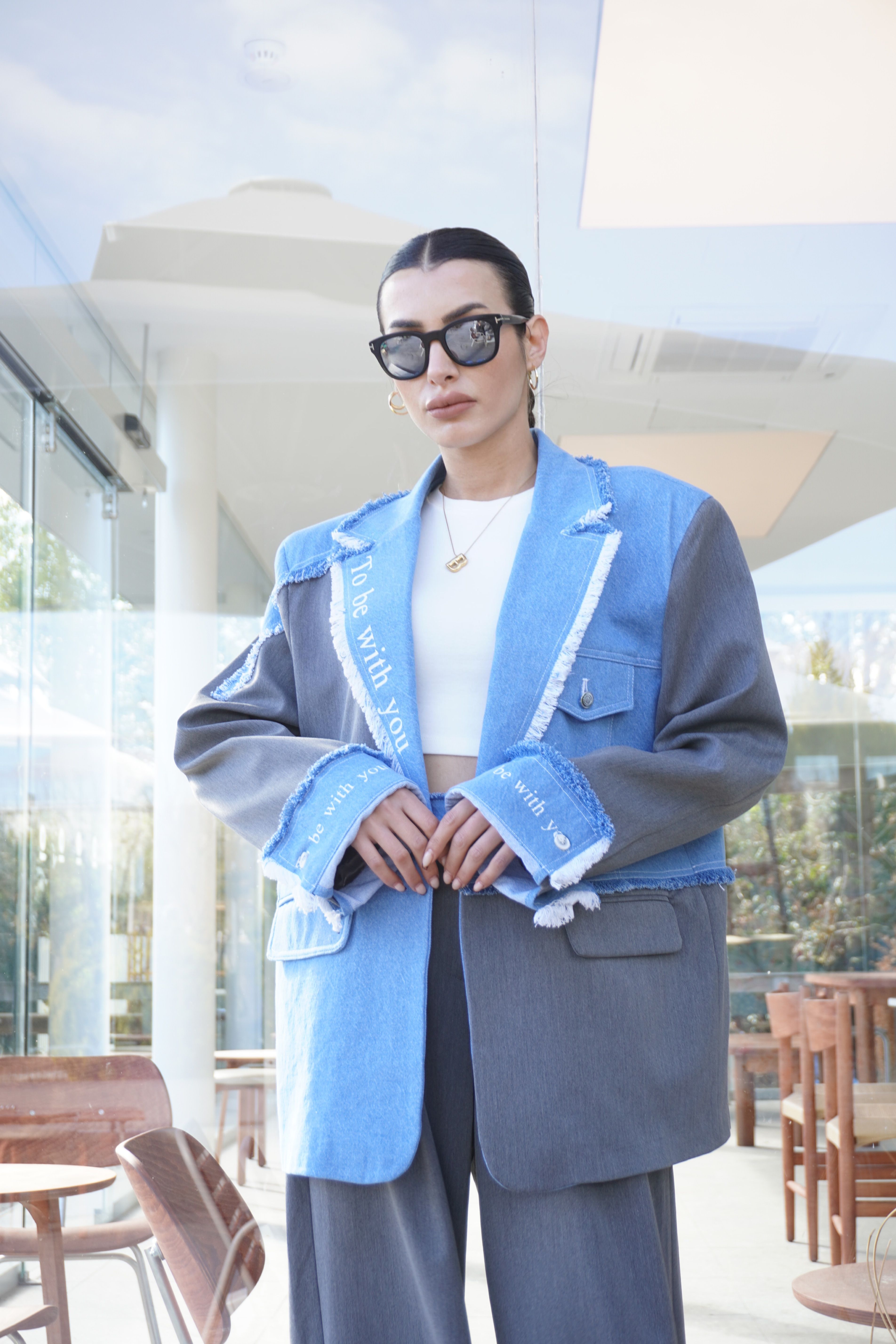 Denim Garnili Yazı Baskılı Oversize Blazer Ceket Pantolon Takım