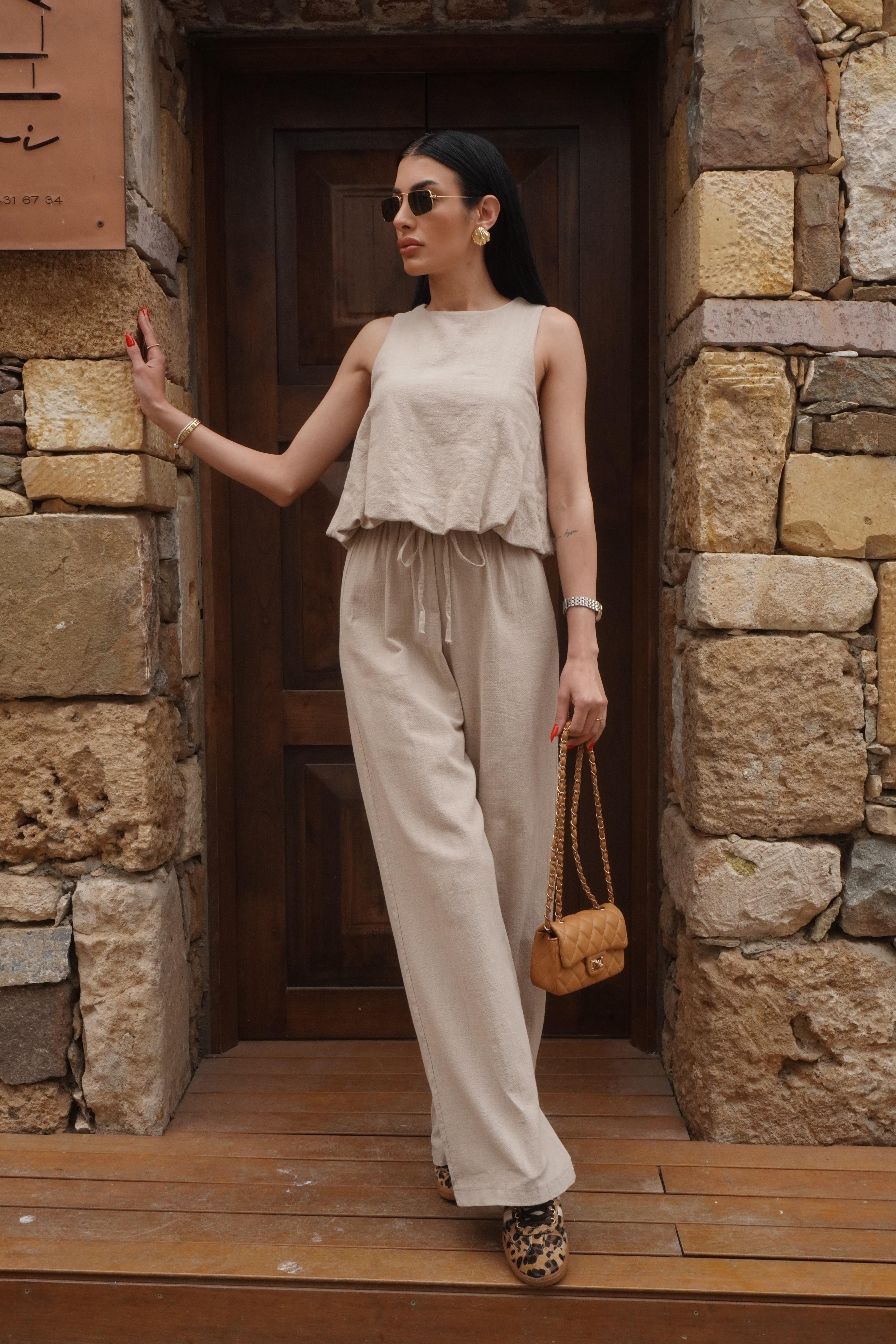 Keten Palazzo Pantolon Bluz Takım 