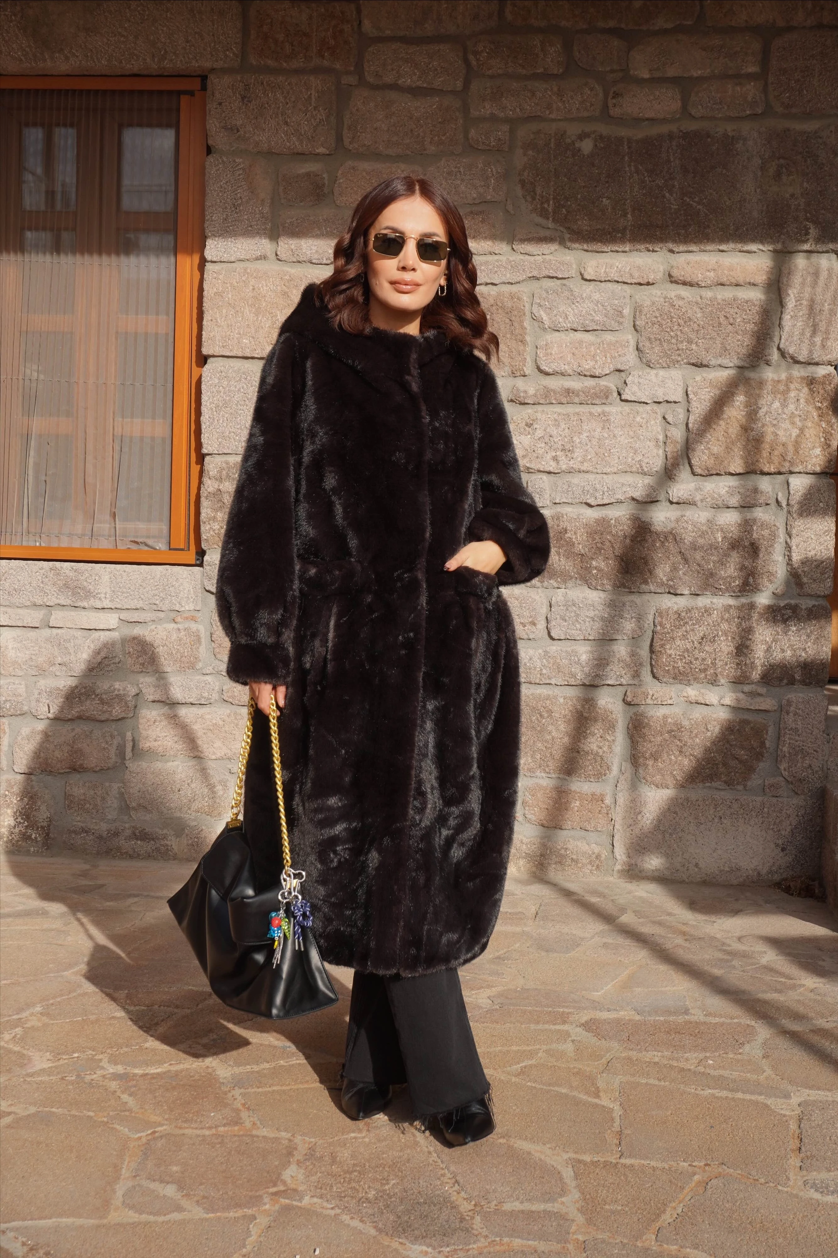 İthal Premium Vintage Görünümlü Kapüşonlu Acı Kahve Lüx Kürk Mont