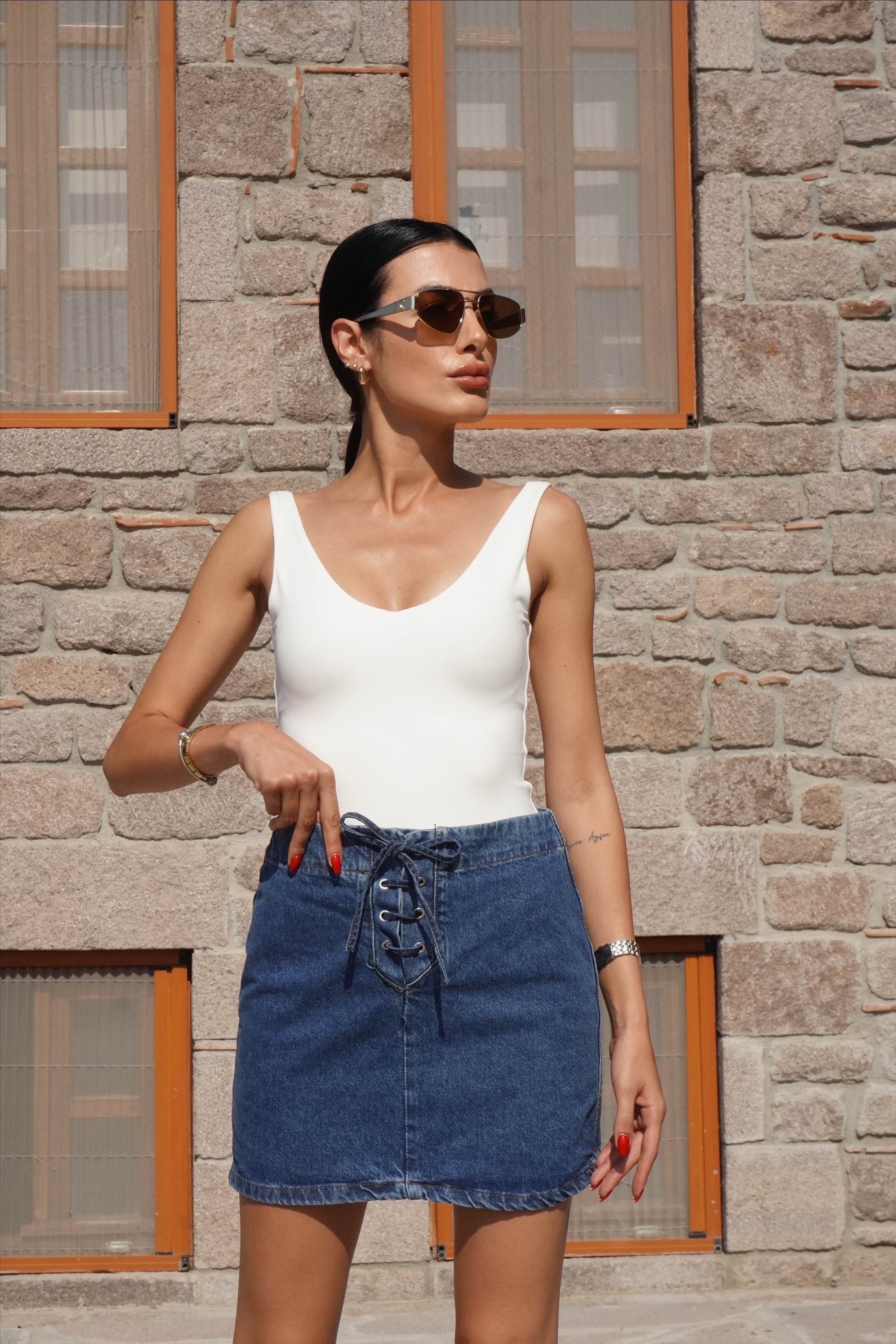 Kuşgözlü Denim Ceket Etek Takım