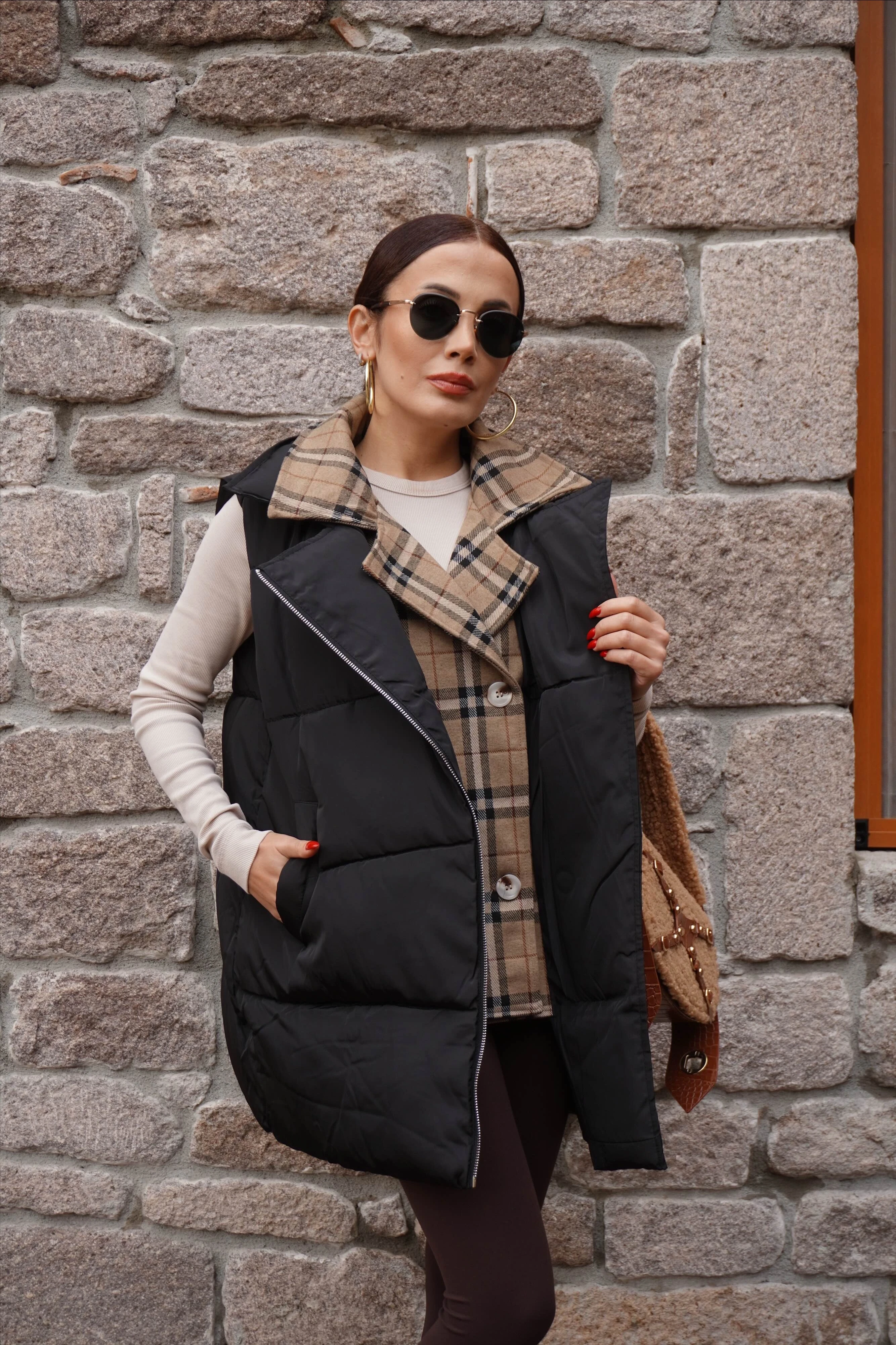 İthal Tasarım Ekose Desenli Yelek 