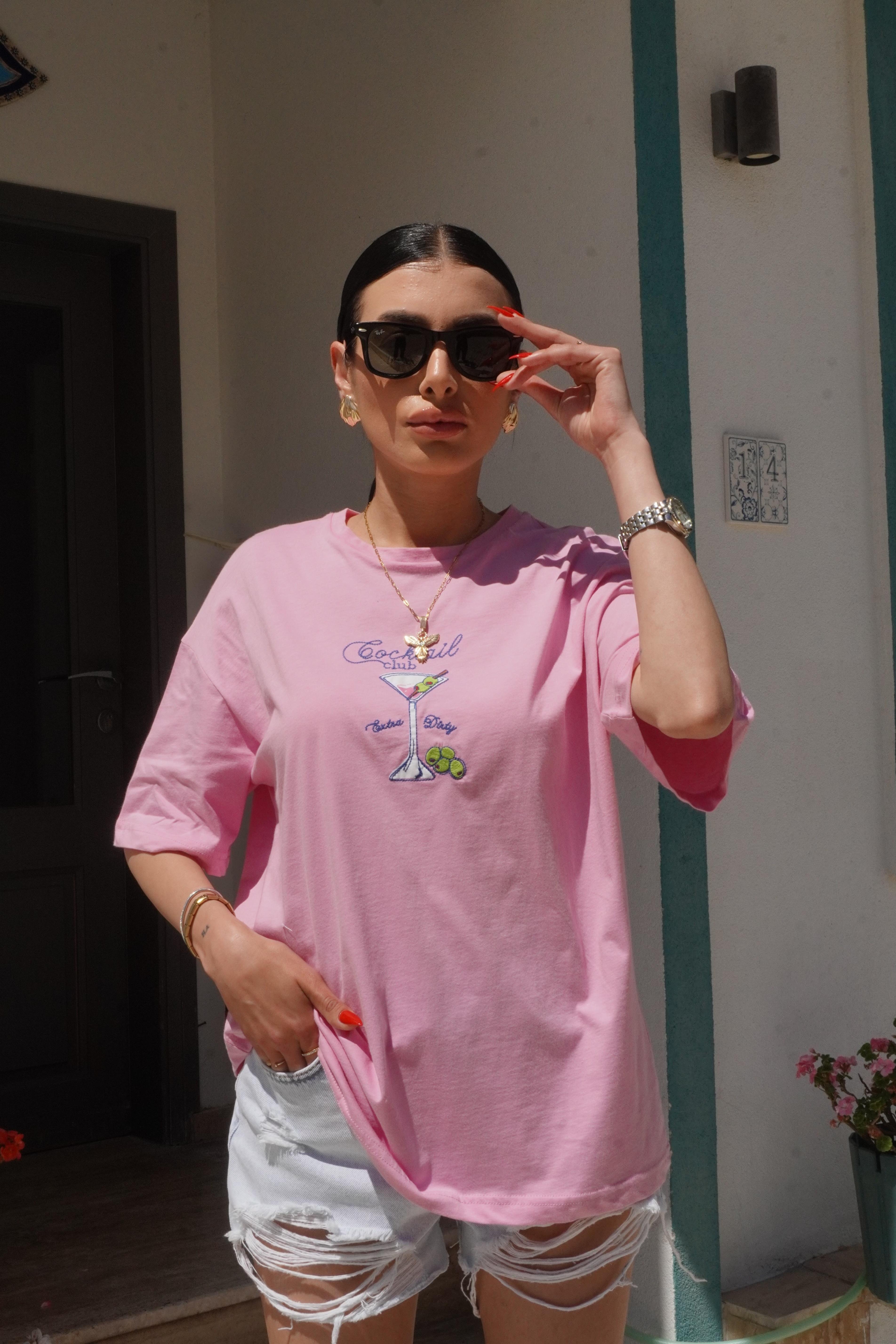 Bardak Baskılı Oversize Pembe Tişört