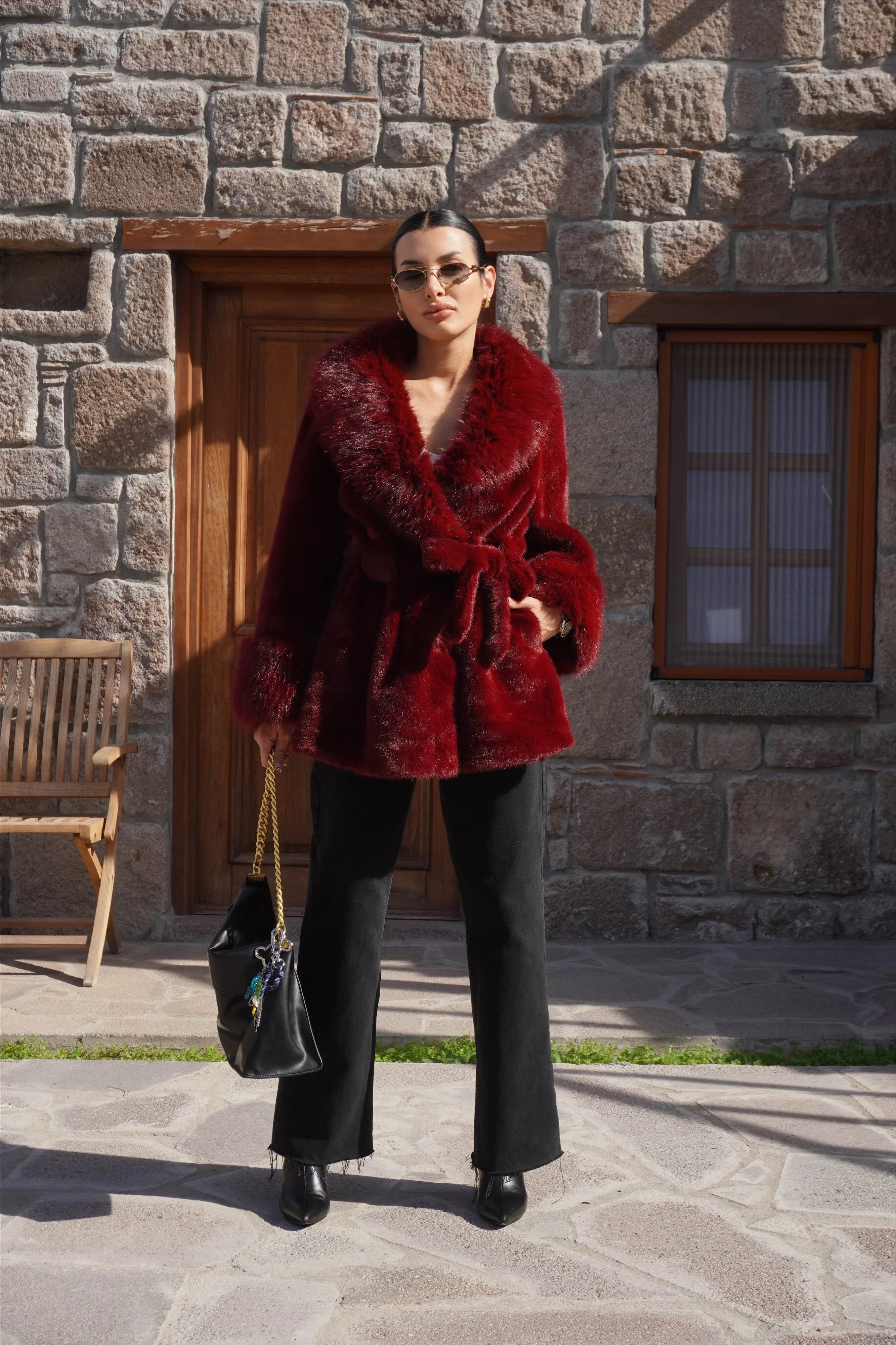 İthal Premium Kürk Yaka Bordo Peluş Kaban 