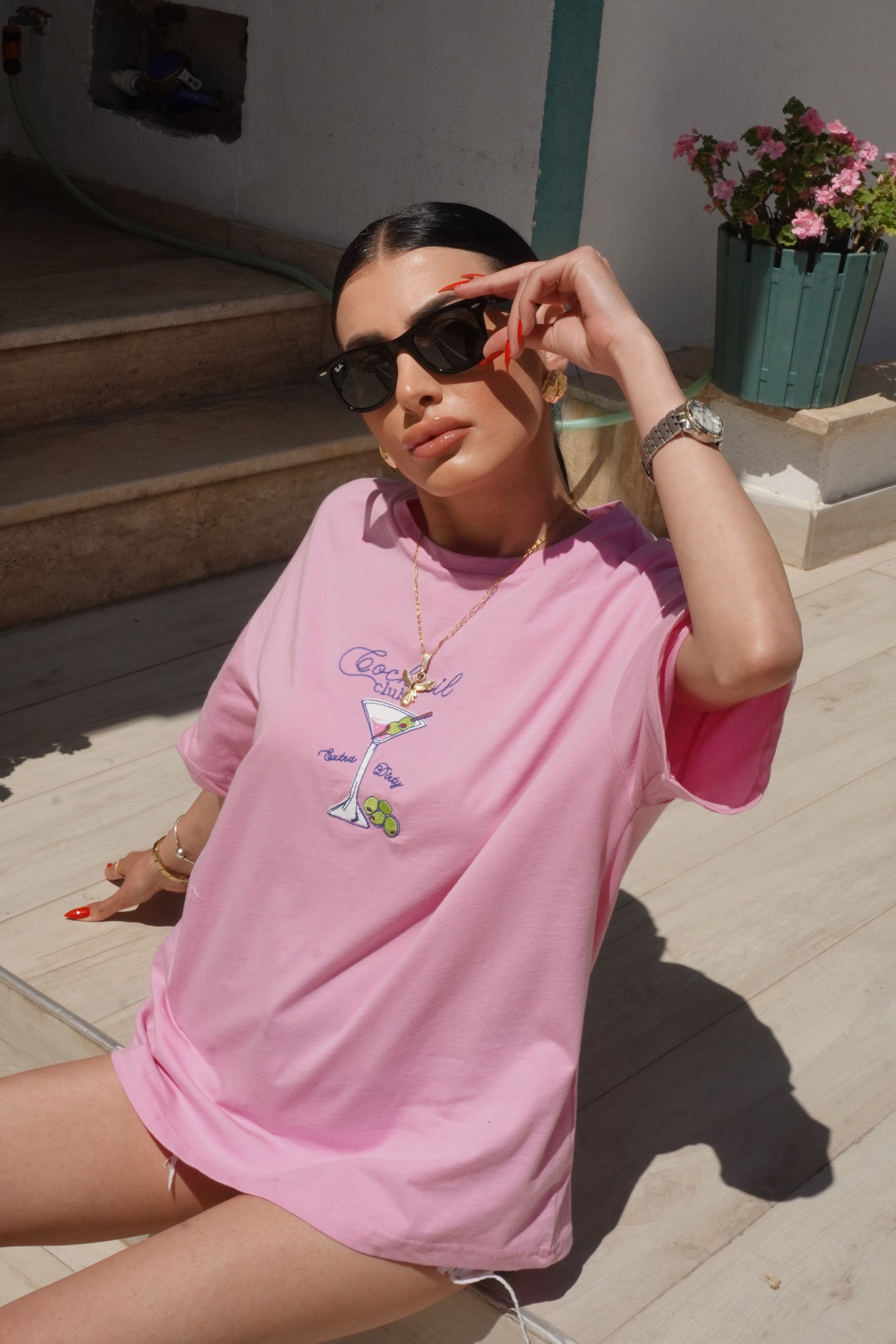 Bardak Baskılı Oversize Pembe Tişört