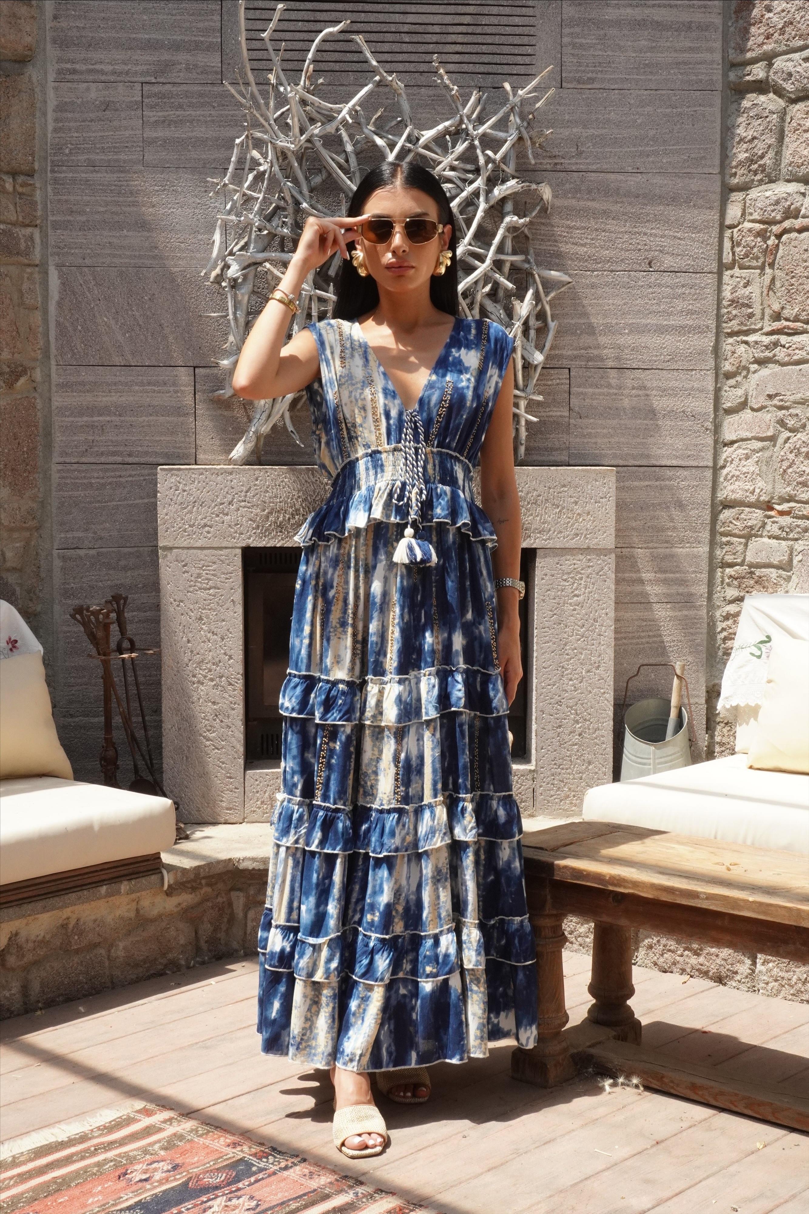 İthal Tasarım Batik Tasarım Bohem Elbise 