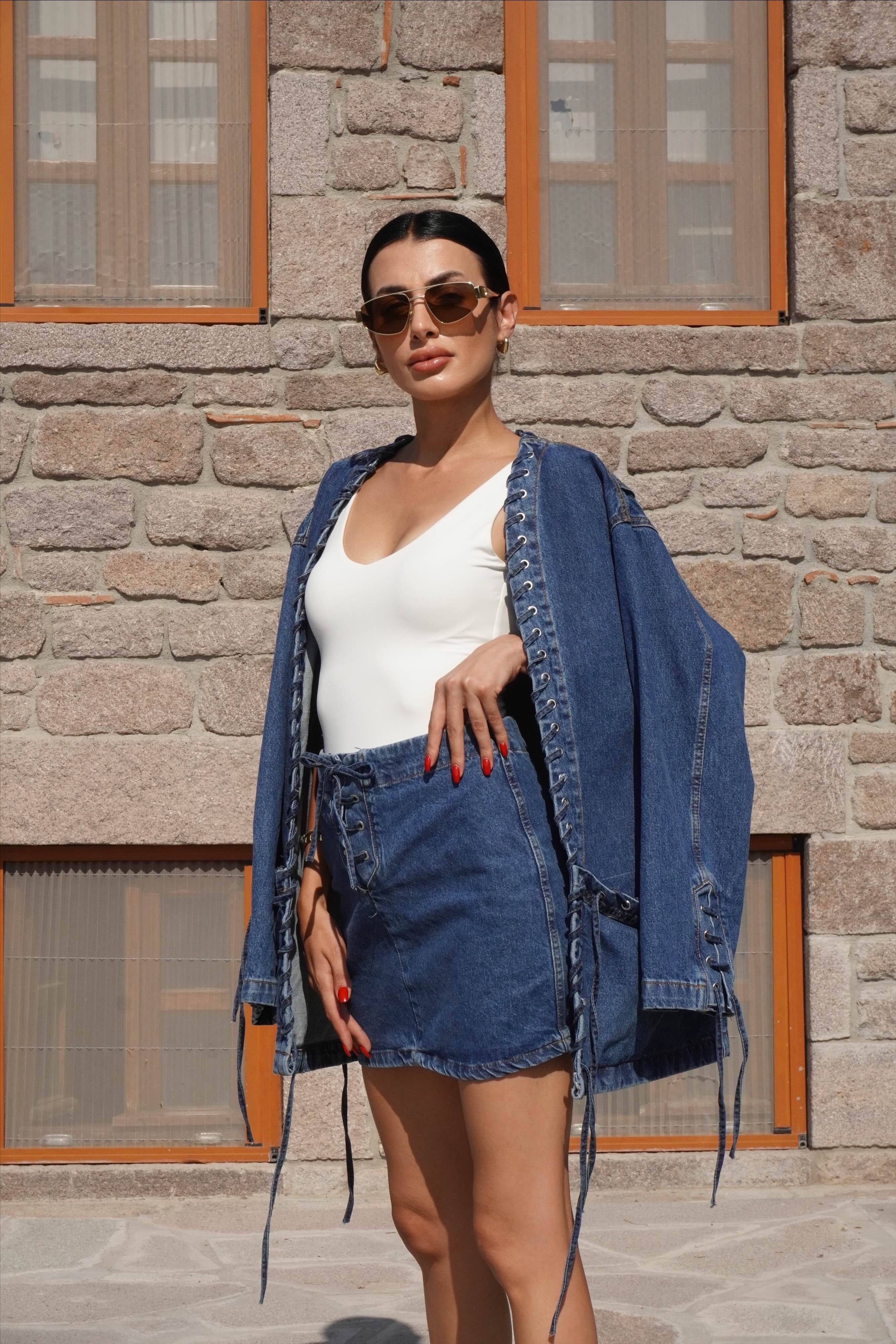 Kuşgözlü Denim Ceket Etek Takım