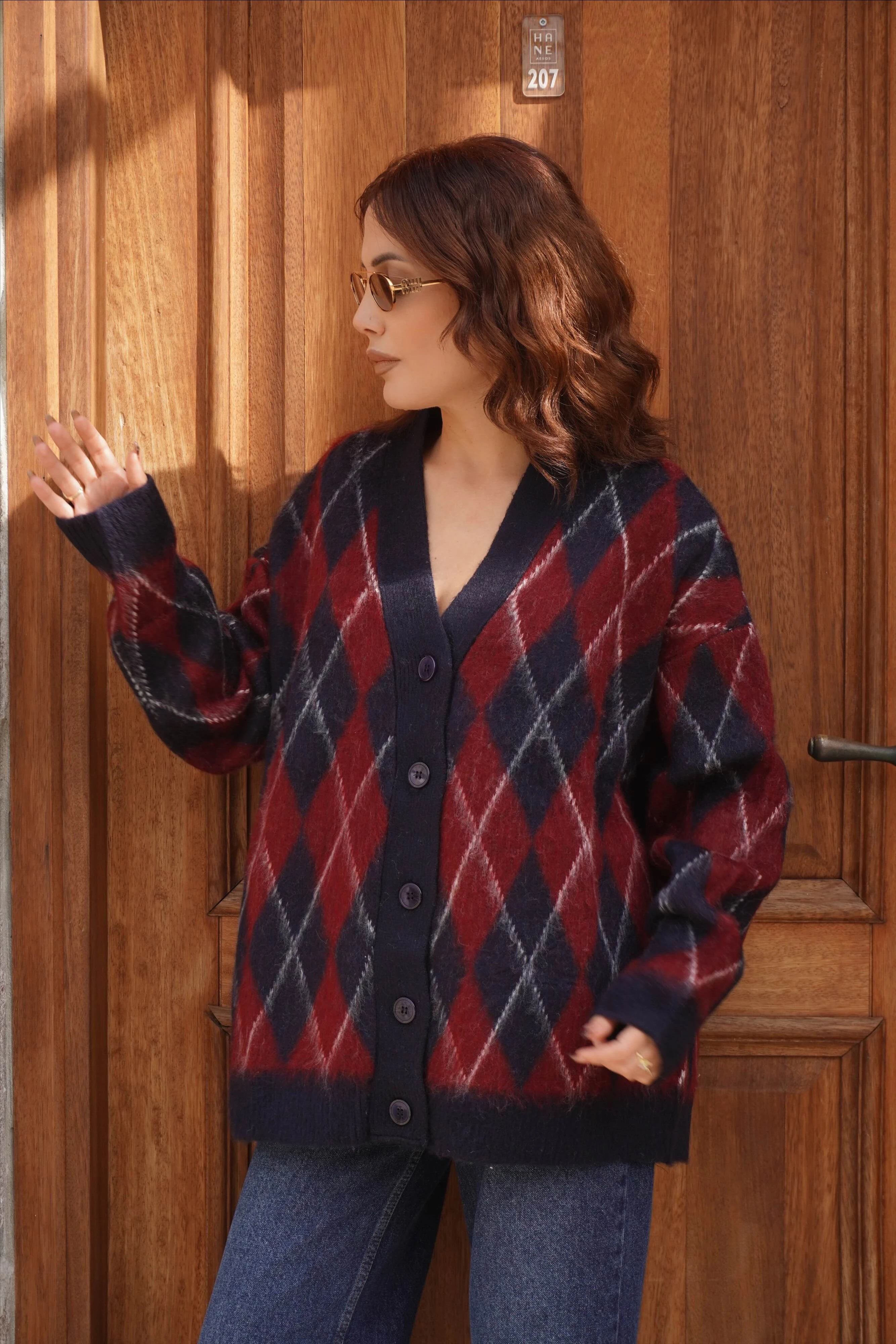 Oversize Standart Beden Baklava Desen Sakallı Hırka