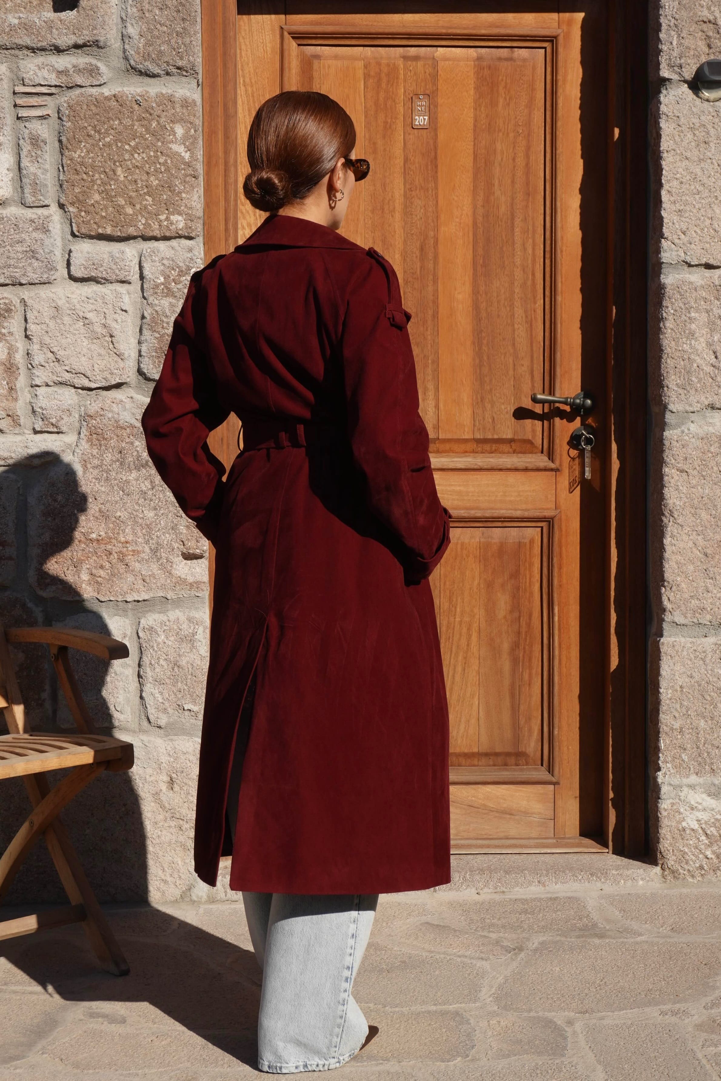 Premium Süet Dokulu Bordo Trençkot 