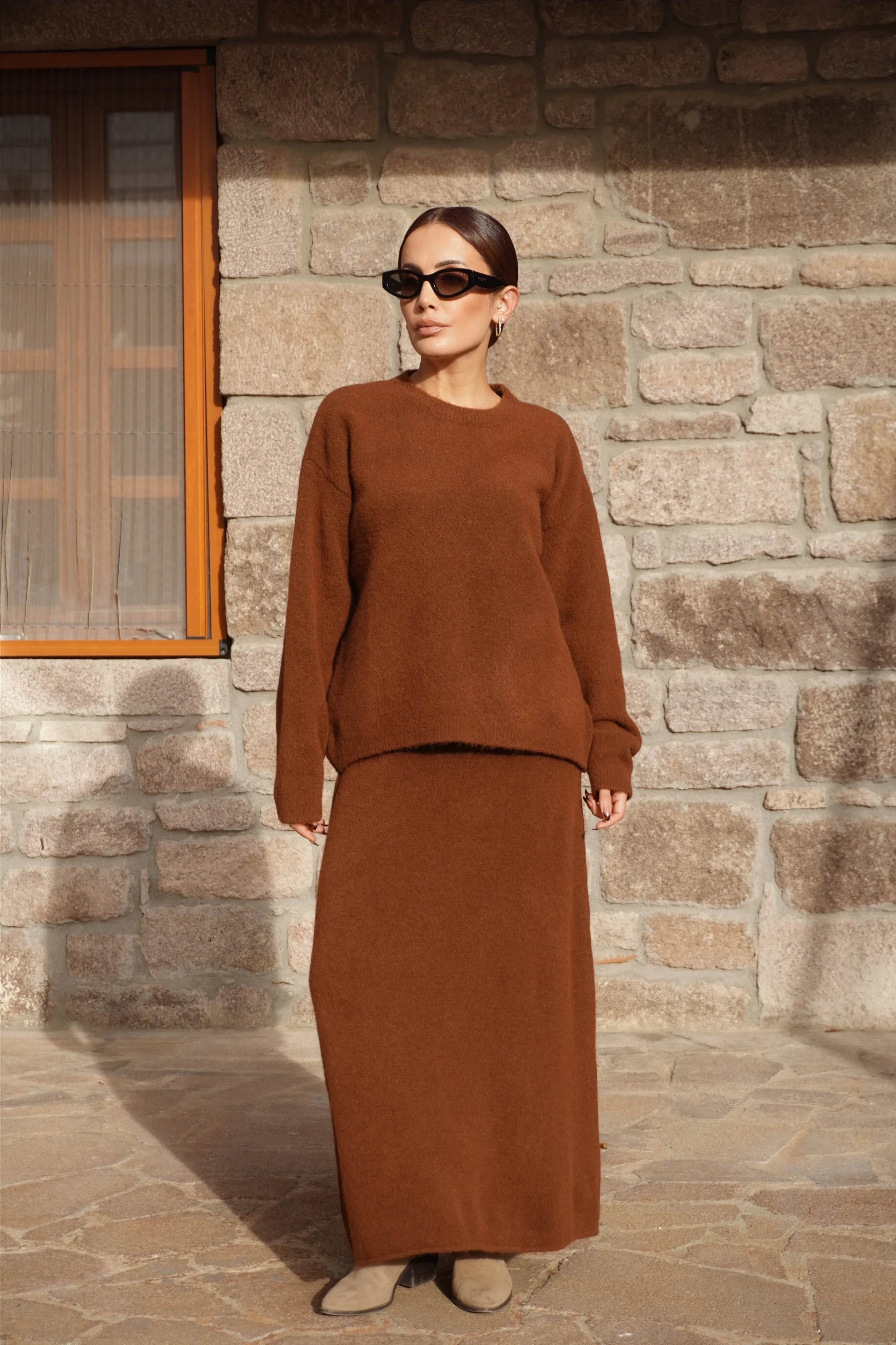 Premium Tarçın Renk Etek Kazak Triko Takım