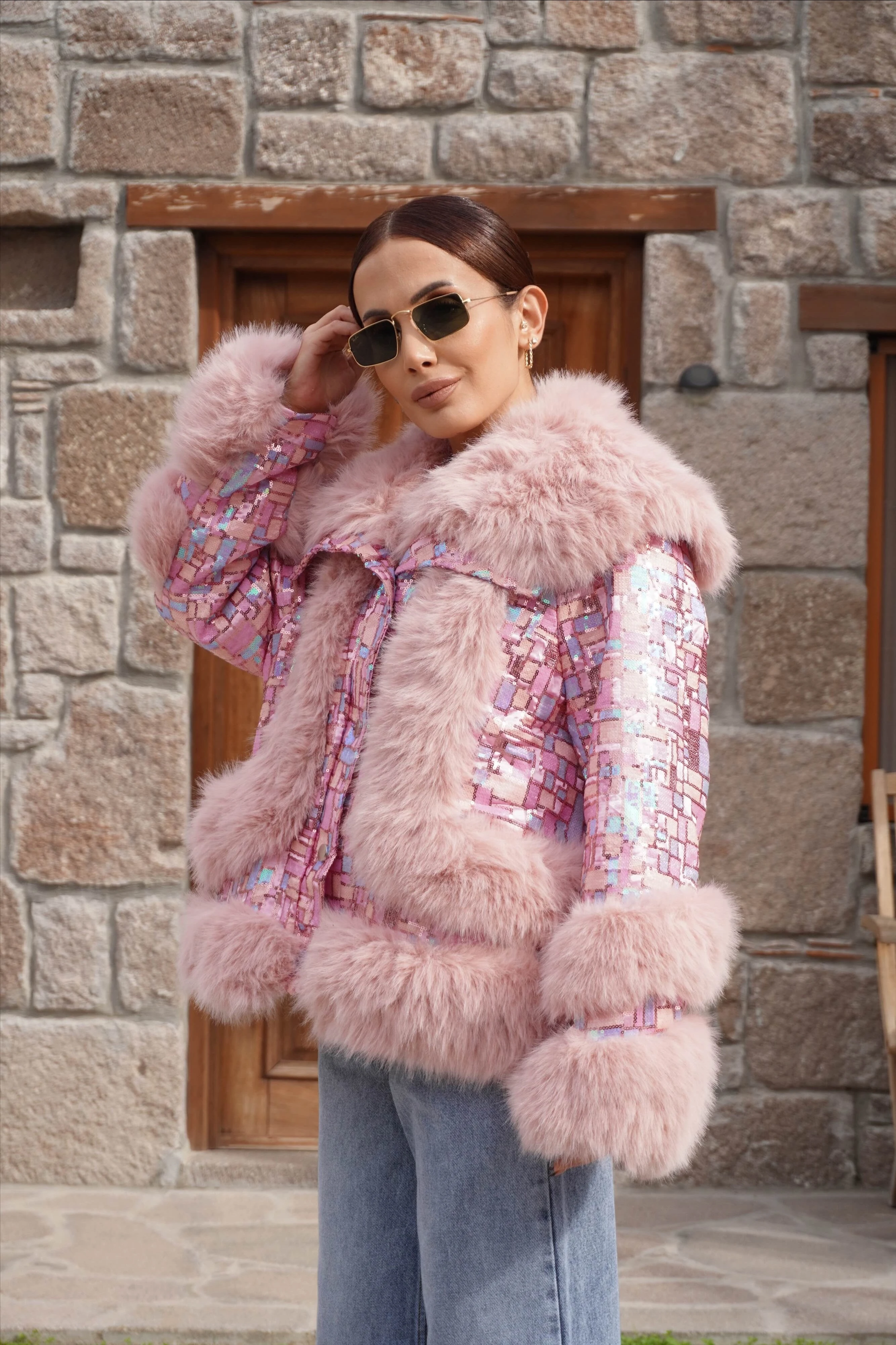 İthal Tasarım Premium Pembe Kürk Detaylı Mont