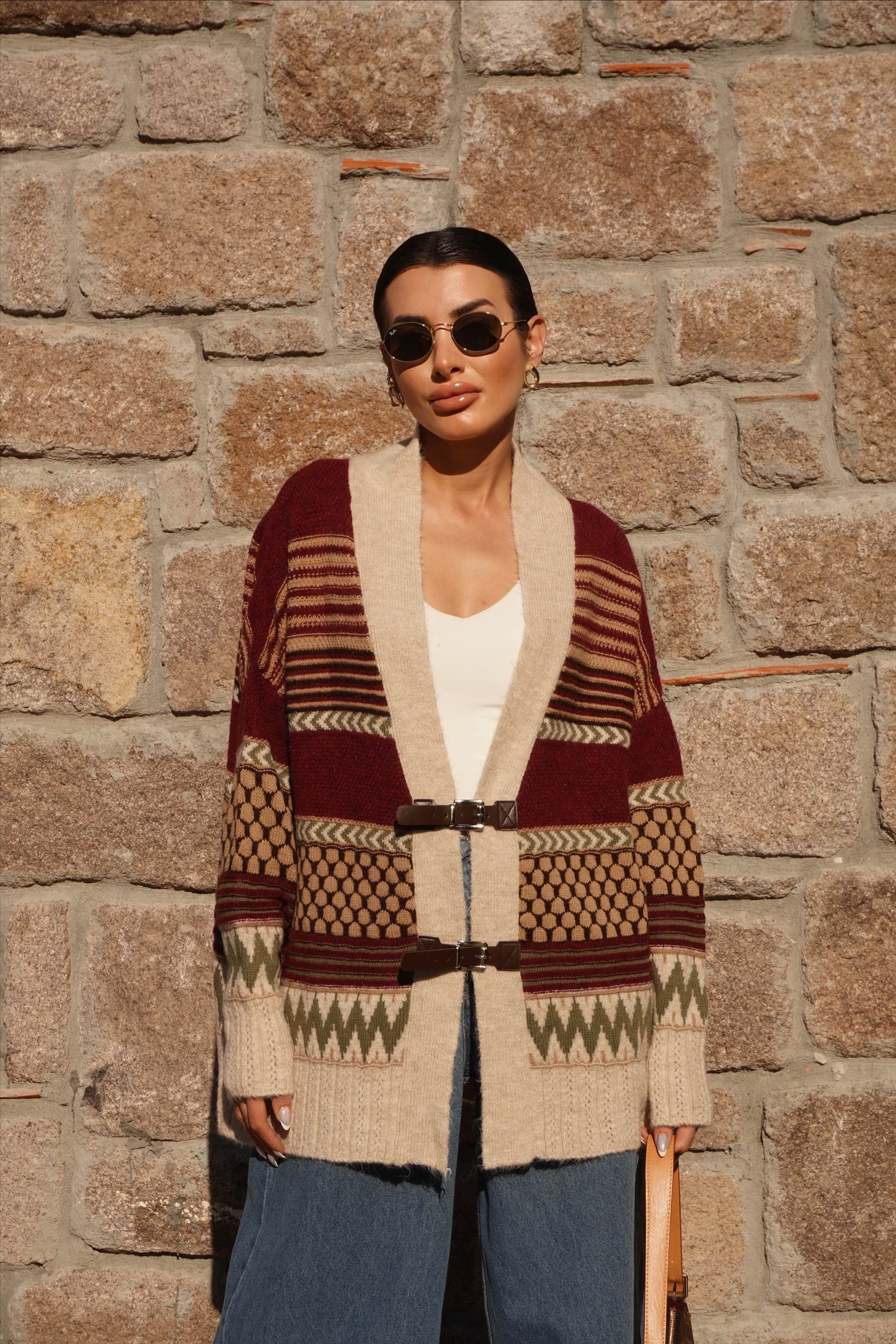 Kemer Detaylı Oversiz Taş-Bordo Hırka