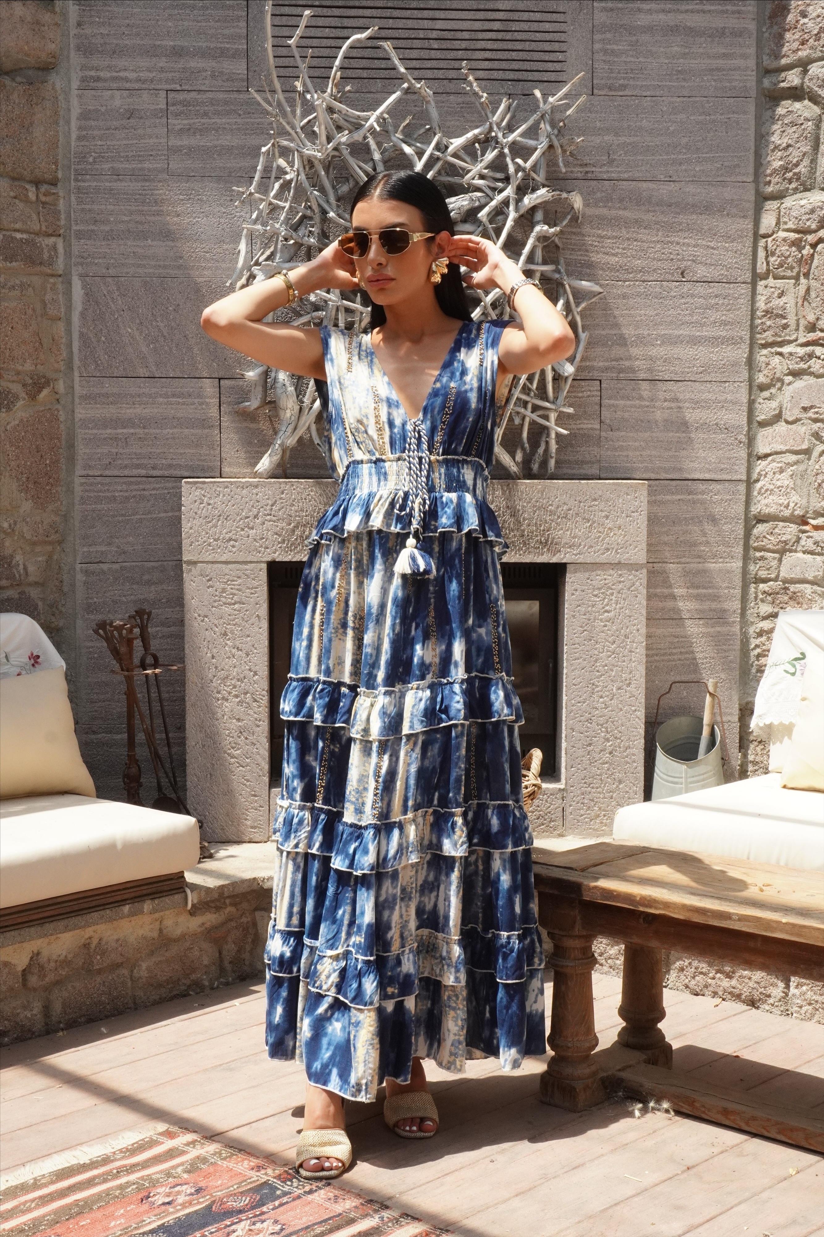İthal Tasarım Batik Tasarım Bohem Elbise 