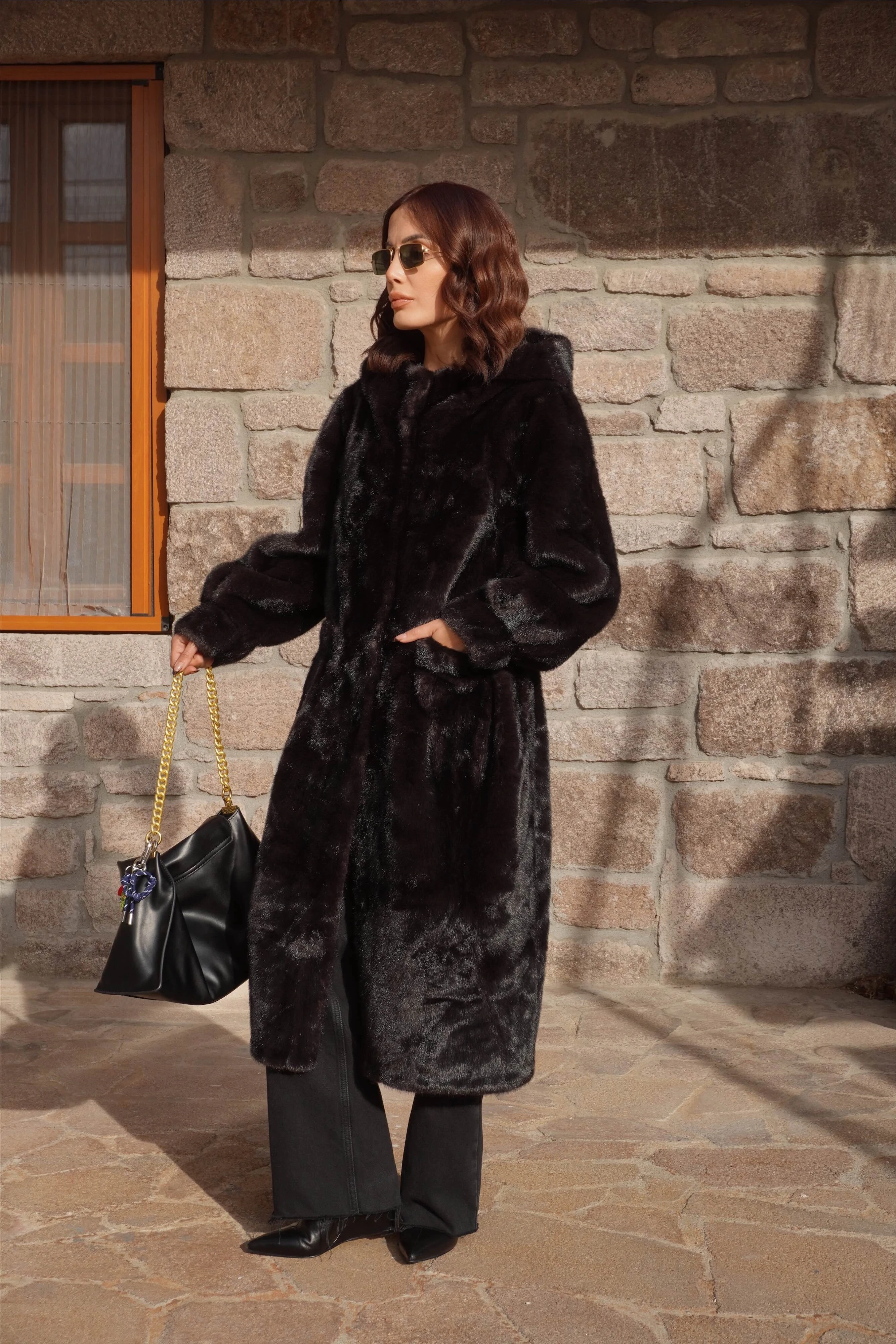 İthal Premium Vintage Görünümlü Kapüşonlu Acı Kahve Lüx Kürk Mont