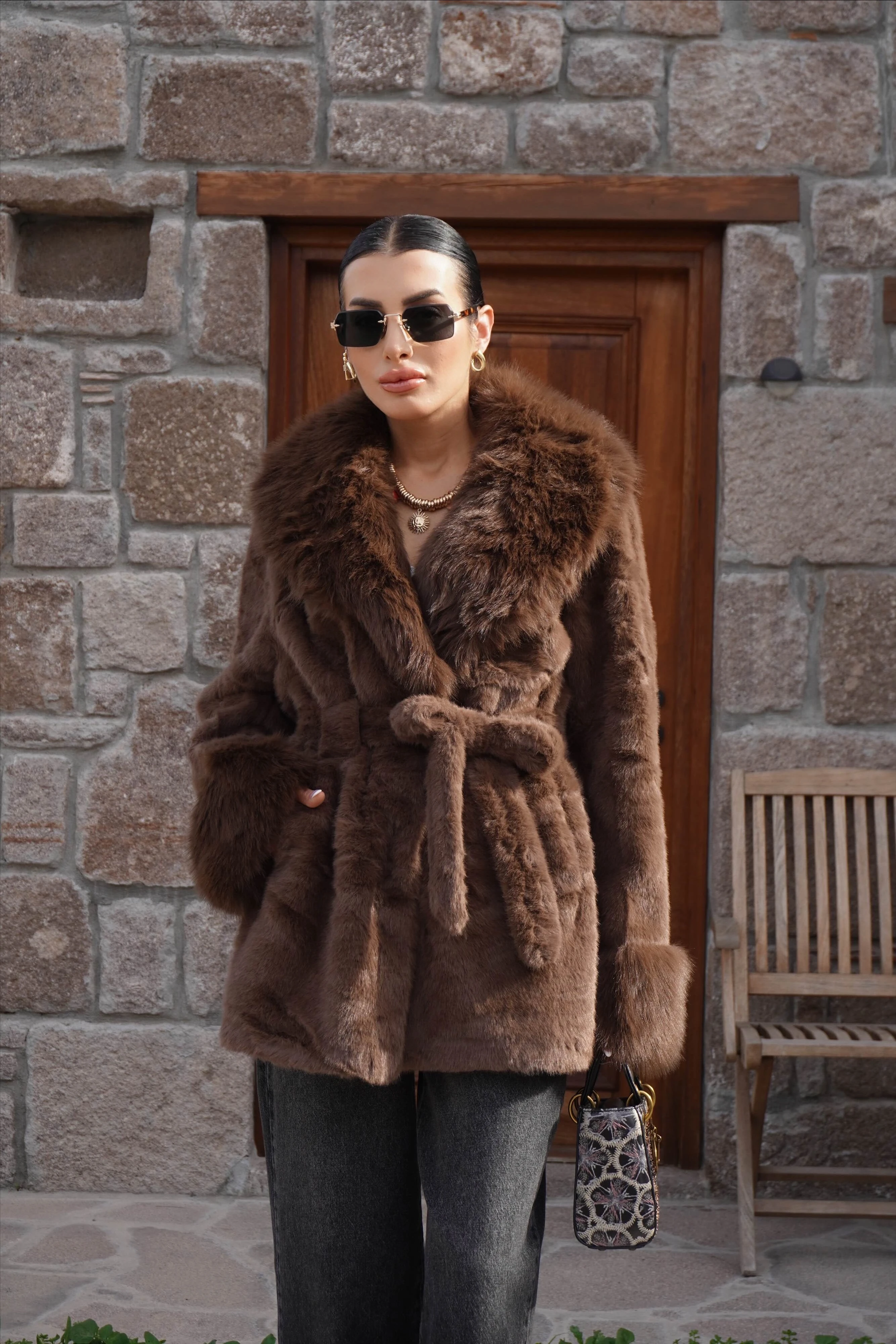 İthal Premium Kürk Yaka Kahverengi Peluş Kaban