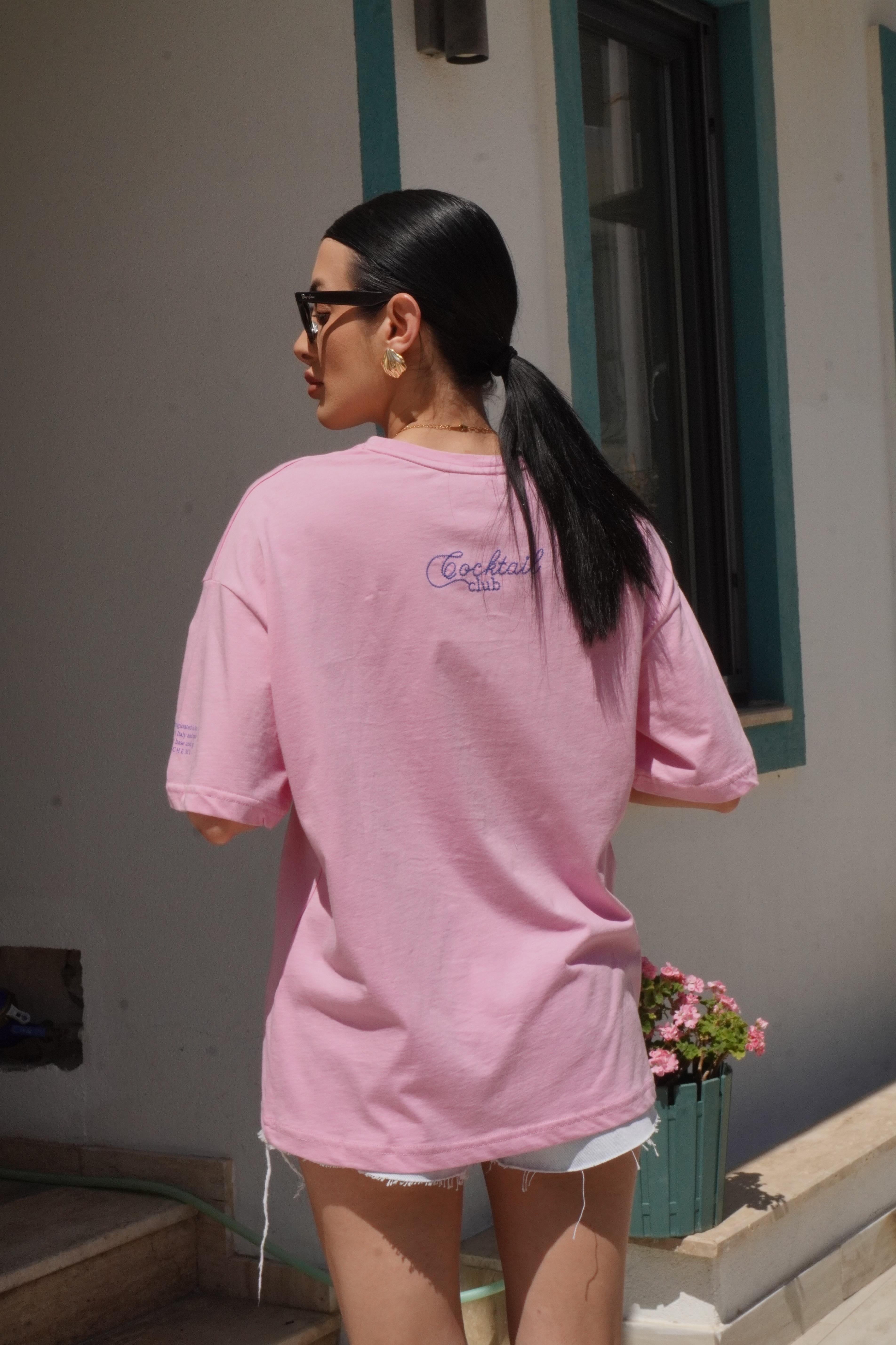 Bardak Baskılı Oversize Pembe Tişört