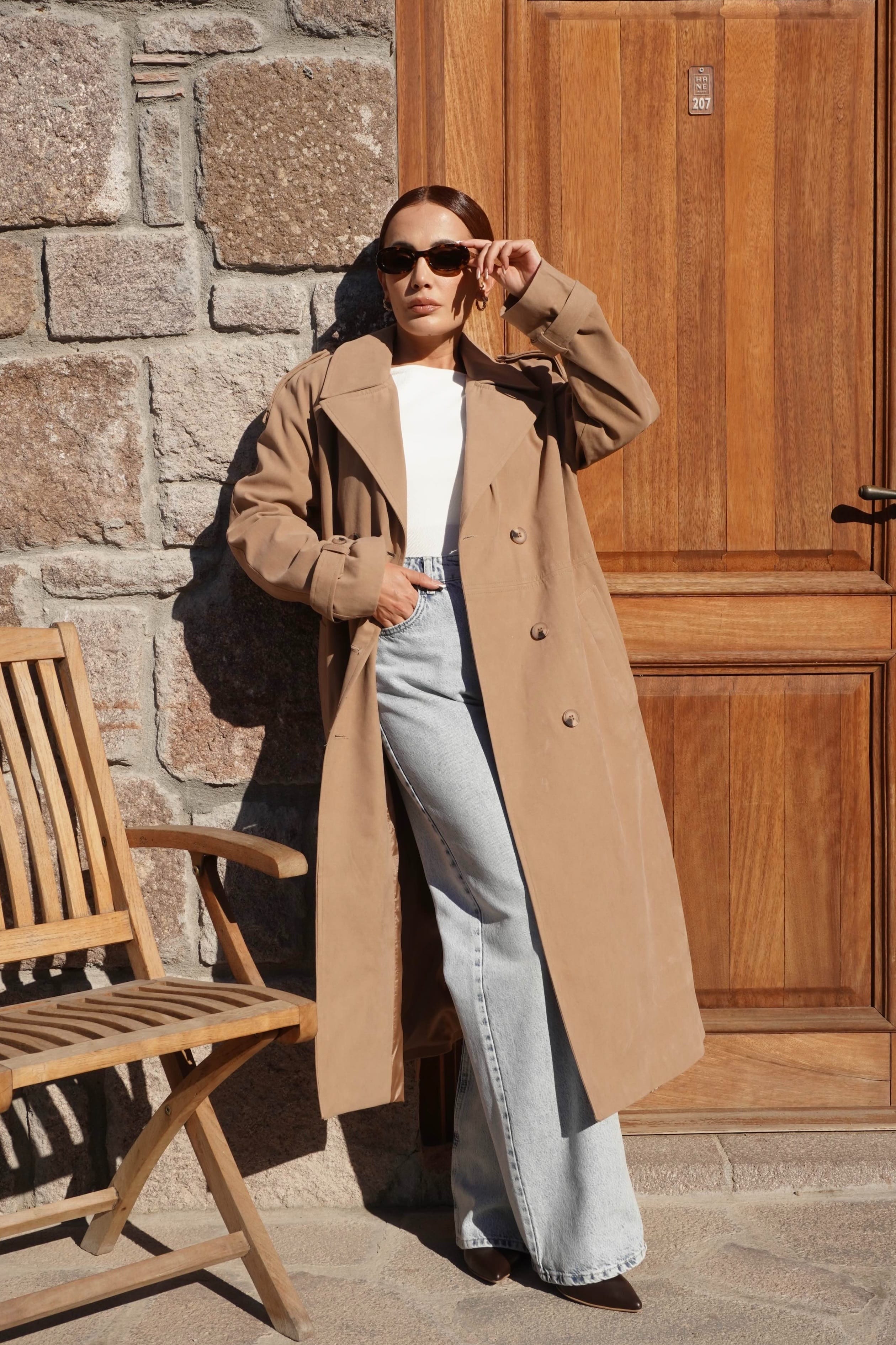 Premium Süet Dokulu Camel Trençkot 