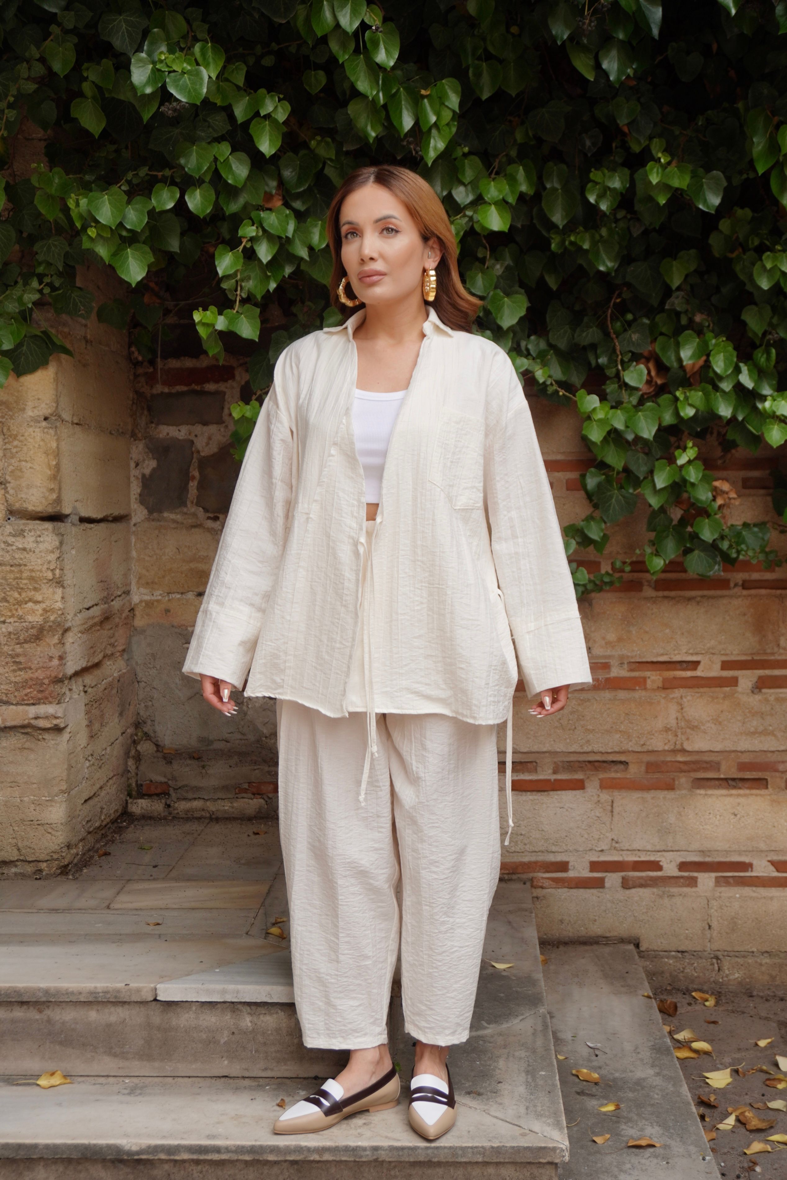 Marka Model Ekru Müslin Kumaş Kimono Gömlek Şalvar Pantolon Takım