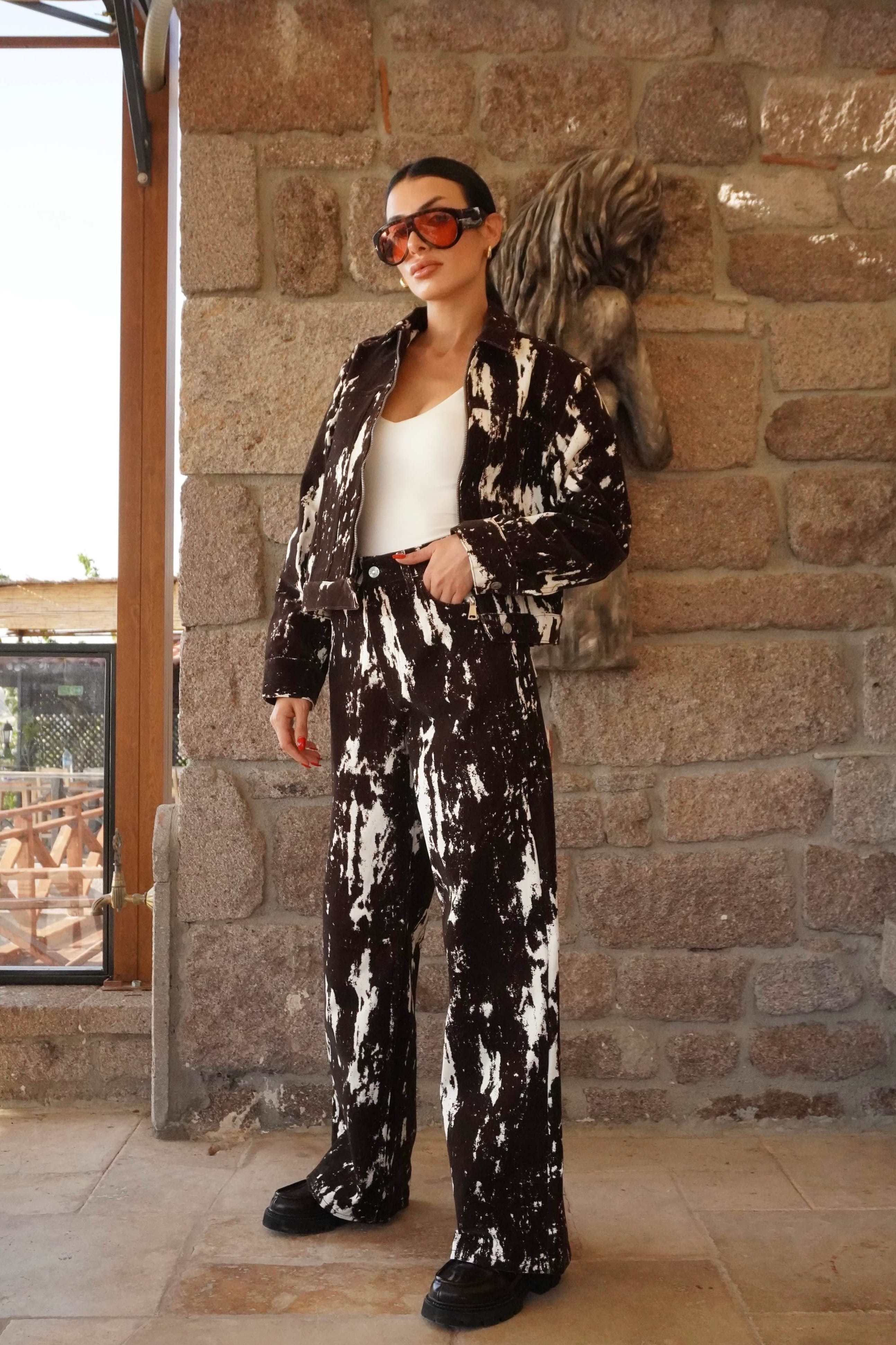 Kadife Batik Desen Ceket Pantolon Takım