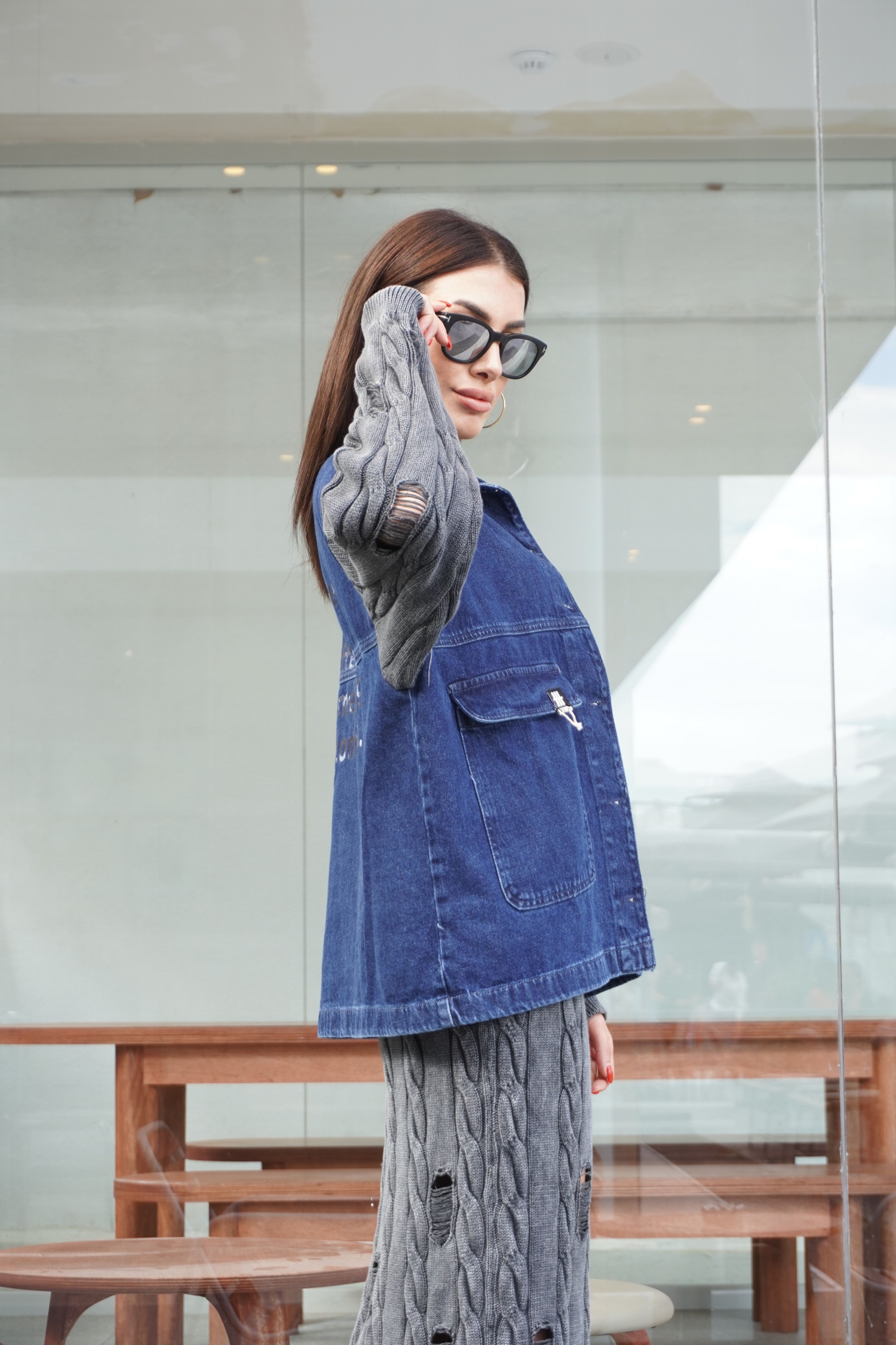 Triko Kol Detaylı Tasarım Oversize Denim Ceket