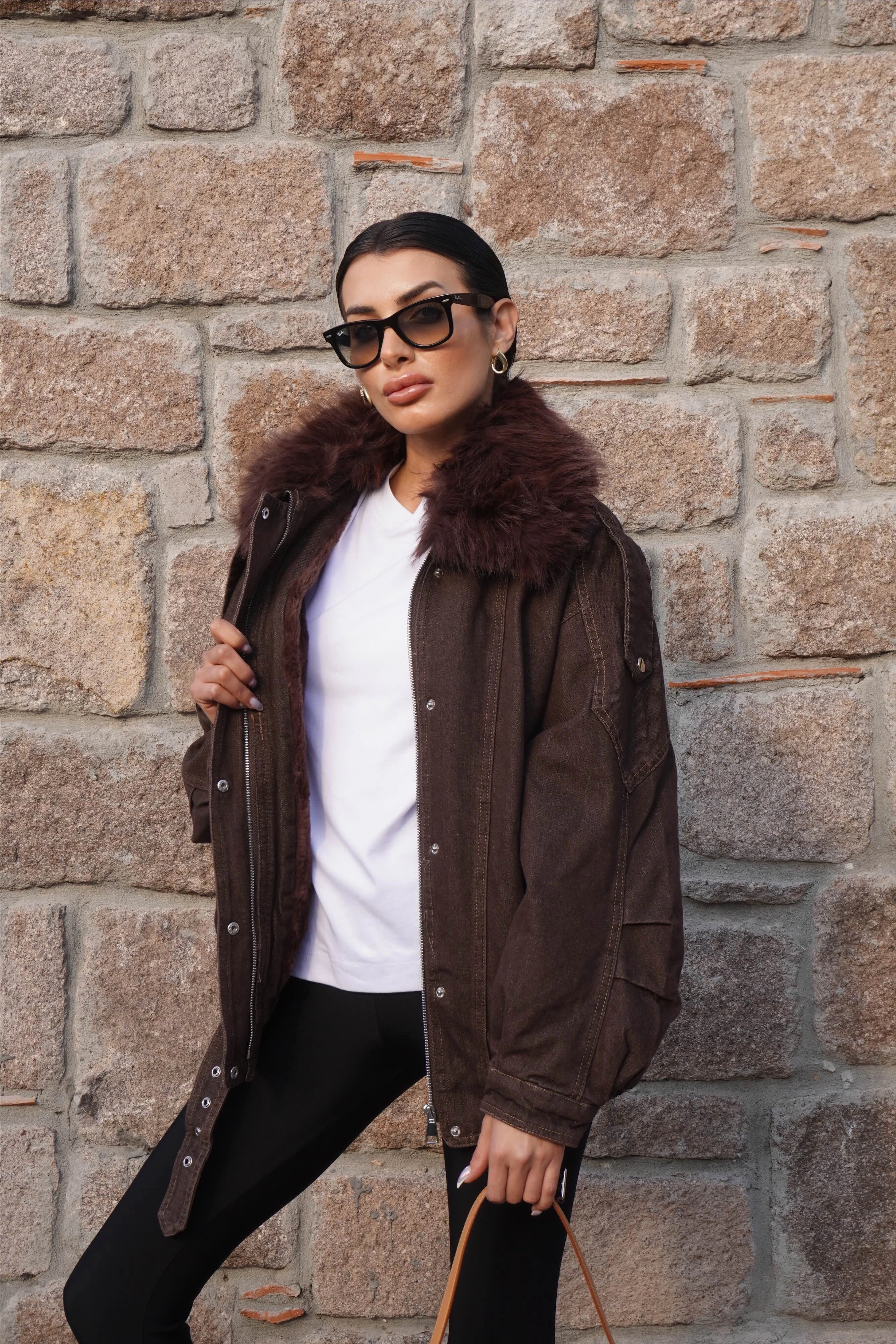 Kürk Yaka İç Kürklü Kahve Mont